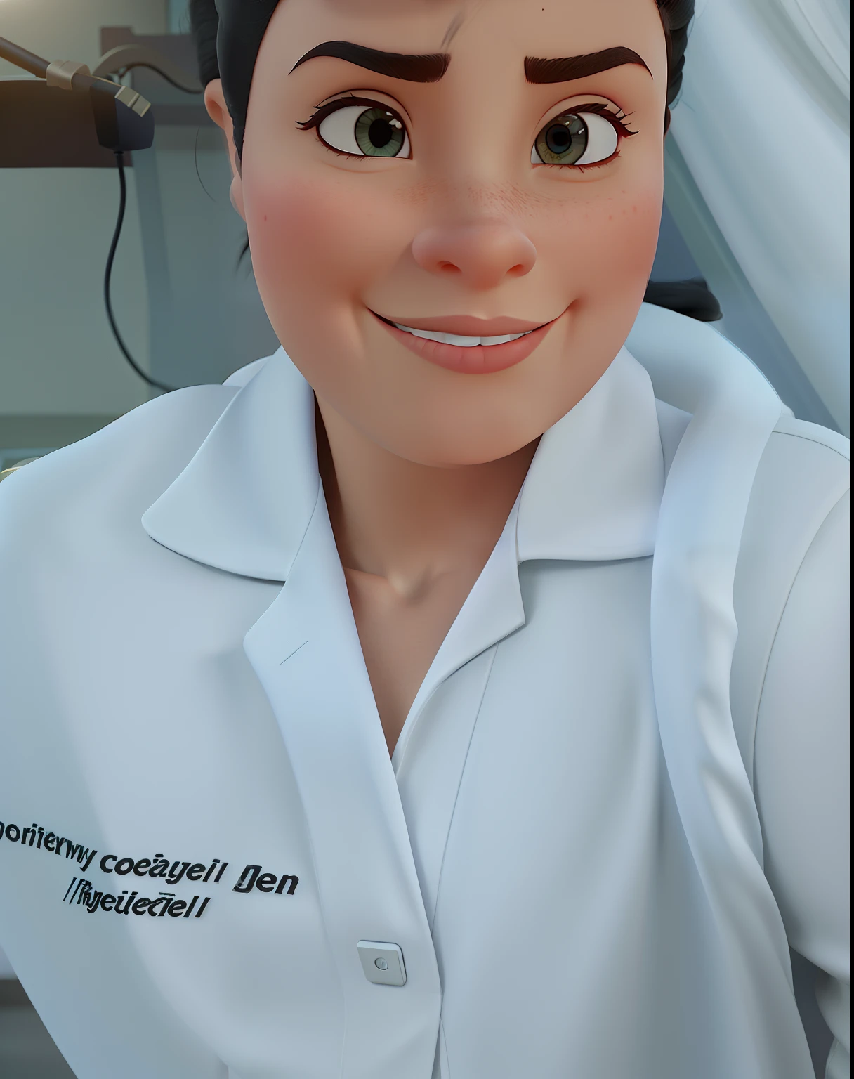 Pixar drawing A wise young white woman with long black hair , olhos castanhos escuros jaleco branco, Nurse standing in front, illuminated by the light of a lamp, contra o pano de fundo de um hospital