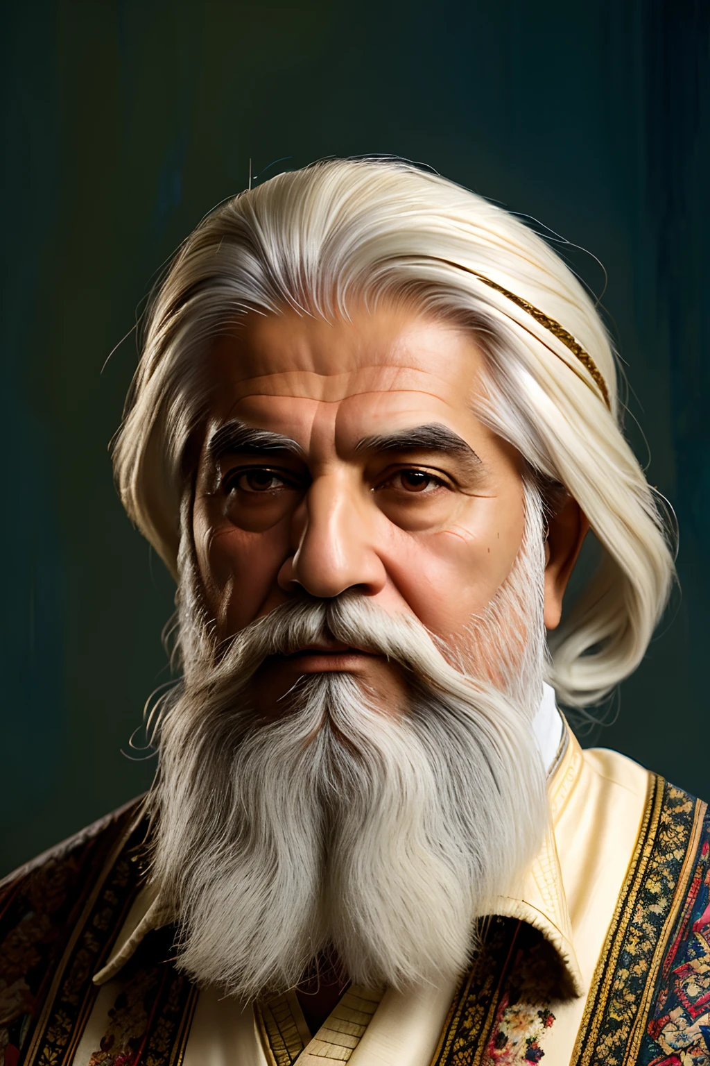 Hyperrealist portrait of persian iranian old man with long white beard and hair by david hockney and alphonse mucha, fantasy art, photo realistic, dynamic lighting, artstation, poster, volumetric lighting, very detailed faces, 4 k, award winning, in the dark, deep shadow, low key, (traditional clothing:1.4) ,long hair,white hair,
