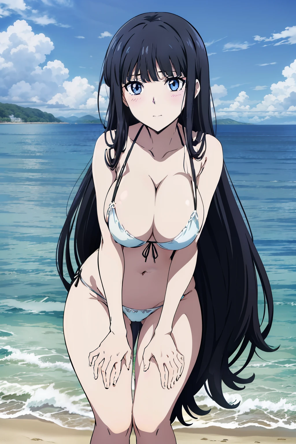 ((masutepiece, Best Quality, High resolution, anime screen cap, anime colours, in 8K, anime keyvisual)):1.5, Miyuki, 1girl in, Cute, blush, (Long Black Hair:1.5), 14years, (Oversized large sagging breasts:1.5), cleavage, ((White Micro Bikini:1.5, Thin fabric)), (Leaning forward:1.5), upper body, Arms Down, beach side, ((Perfect Anatomy, beautifull detailed face, Beautiful detailed eyes, beautiful detailed hair, Beautiful detailed body)), thick outline, Beautiful outlines, black outlines