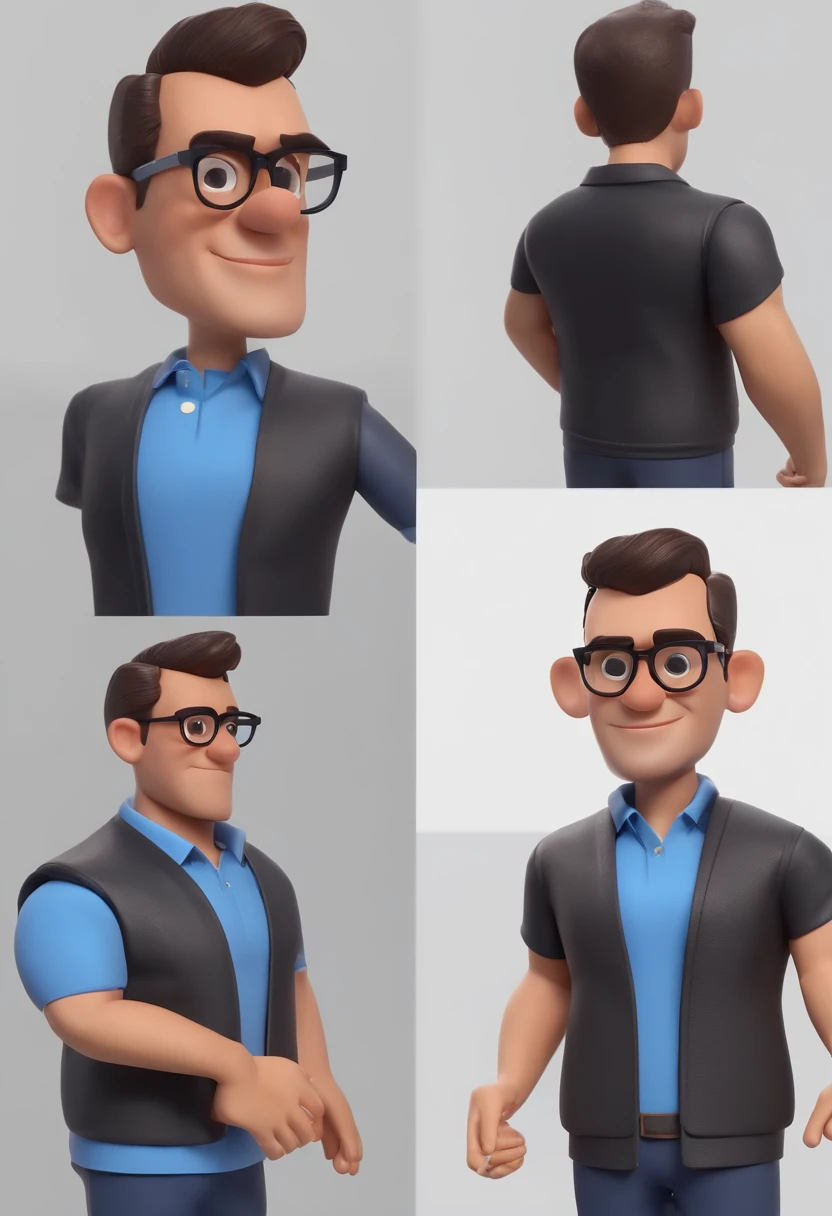 Cartoon character of a man wearing black glasses and a blue shirt, um personagem animado, Caractere estilizado, animation style rendering, 3D estilizado, Arnold Maya render, 3 d render stylized, toon render keyshot, Personagem 3D, Personagem 3D, 3d rendering stylized, 3 d character render, personagem de desenho animado, Personagem de close up, Pose de personagem, (Estilo Pixar) (master part:1.2) (Bokeh) (best quality) (pele detalhada) (textura detalhada) (8k) (argila) (Cinematic lighting) (foco nítido,Senta e vaza a parte superior do corpo