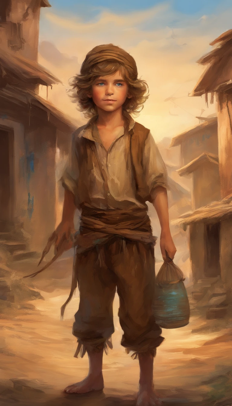 seven year old boy in ratty brown peasant clothes holding a straw in his hand, dirty looking but with the brightest blue eyes, in slums, scare