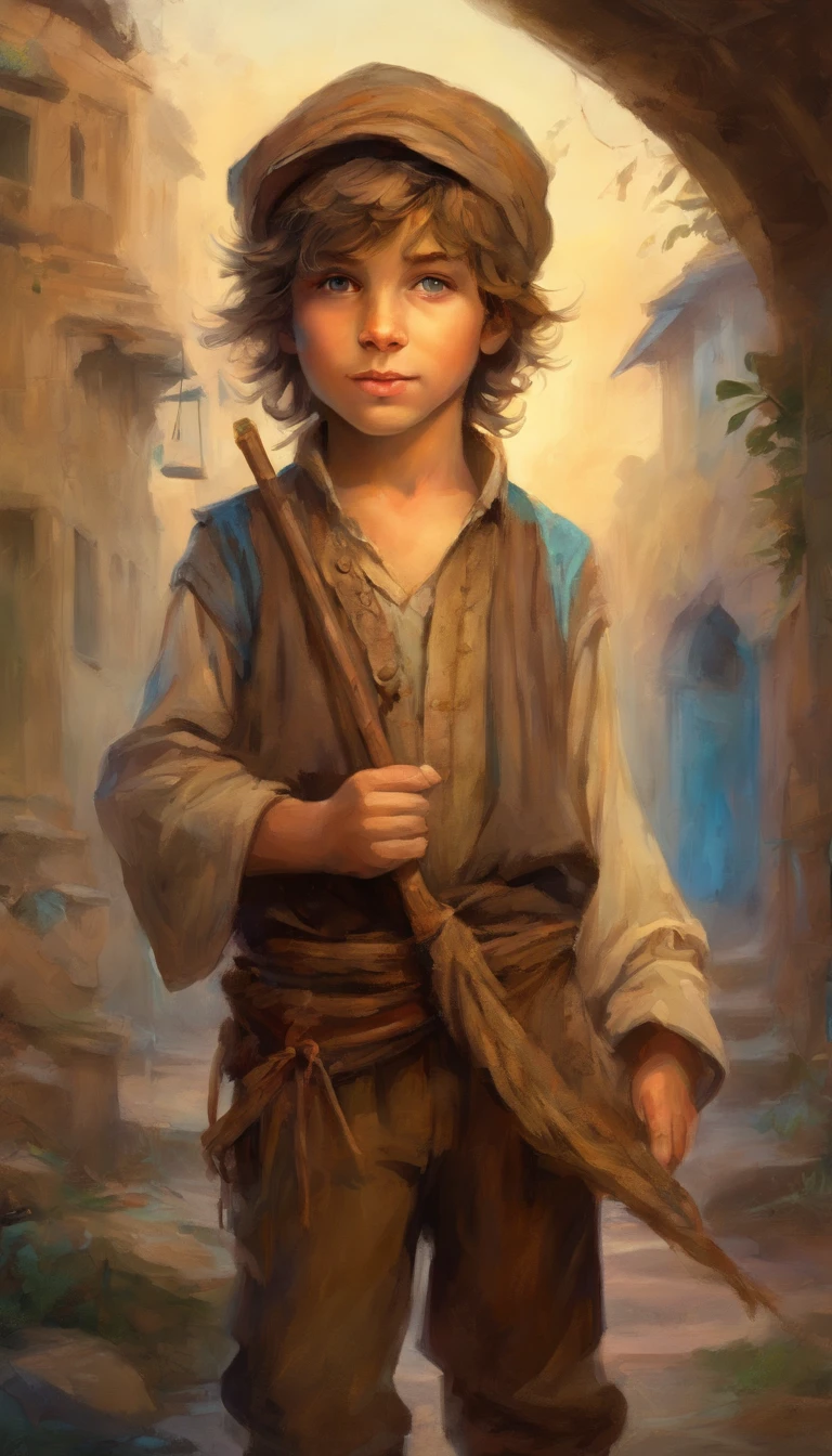 seven year old boy in ratty brown peasant clothes holding a straw in his hand, dirty looking but with the brightest blue eyes, in slums, scare