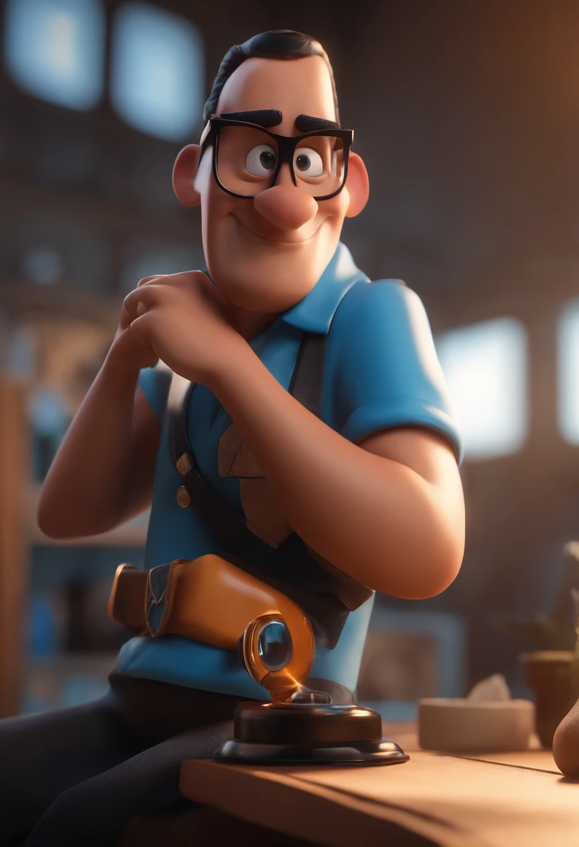 Cartoon character of a man with black glasses and a blue shirt, animation character, Caractere estilizado, animation style rendering, 3D estilizado, Arnold Maya render, 3 d render stylized, toon render keyshot, Personagem 3D, Personagem 3D, 3d rendering stylized, 3 d character render, personagem de desenho animado, Personagem de close up, Pose de personagem, (Estilo Pixar) (master part:1.2) (Bokeh) (best quality) (pele detalhada) (textura detalhada) (8k) (argila) (Cinematic lighting) (foco nítido