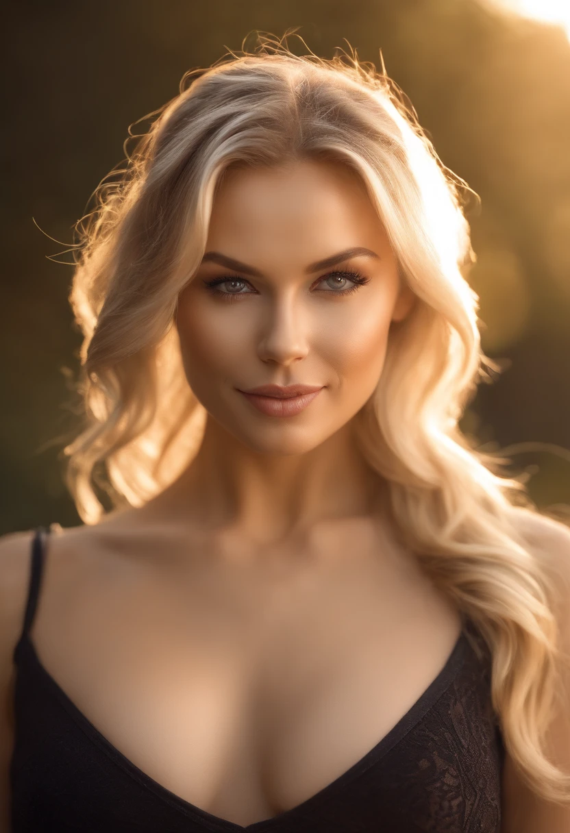 (8k, RAW photo, best quality, highres:1.2), (realistic, photo-realistic:1.37), 1girl, Scarlett,   lips, ((parted lips)), blande hair, light smile, seductive eyes,   (upper body:1.3), looking at viewer, beauty mark,  large breasts. cleavage,  
(eye focus, 135mm lens, F/1.8, lens flare),