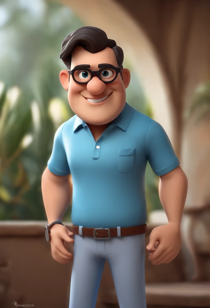 Cartoon character of a man wearing black glasses, moreno, cabelos grisalhos, nas redondo, pinta lado esquerdo da boca, camisa azul, um personagem animado, Caractere estilizado, animation style rendering, 3D estilizado, Arnold Maya render, 3 d render stylized, toon render keyshot, Personagem 3D, Personagem 3D, 3d rendering stylized, 3 d character render, personagem de desenho animado, Personagem de close up, Pose de personagem, (Estilo Pixar) (master part:1.2) (Bokeh) (best quality) (pele detalhada) (textura detalhada) (8k) (argila) (Cinematic lighting) (foco nítido,Senta e vaza a parte superior do corpo