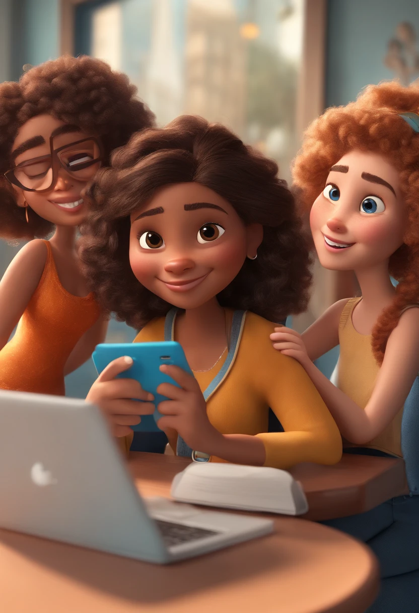 Cartoon character: three girls sitting on a chair, one with a notebook in hand, the other doing the thumbs up and the other with her cell phone taking a picture, the three have curly hair, one has longer hair, the other measures the other very short and the one with short hair is half blonde, half brunette and the three with a white blouse with a symbol and under the symbol written Charlotte, very small and the blue wall with on the side a window an animated character, Caractere estilizado, animation style rendering, 3D estilizado, Arnold Maya render, 3 d render stylized, toon render keyshot, Personagem 3D, Personagem 3D, 3d rendering stylized, 3 d character render, personagem de desenho animado, Personagem de close up, Pose de personagem, (Estilo Pixar) (master part:1.2) (Bokeh) (best quality) (pele detalhada) (textura detalhada) (8k) (argila) (Cinematic lighting) (foco nítido,Senta e vaza a parte superior do corpo