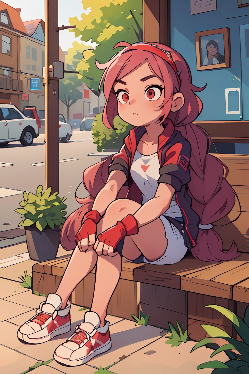 ((beste-Qualit, tmasterpiece)),
a 1girl,rose hair,Interesting Top,Mini Jacket,short sleeves,gloves,braided headband,pants,sneakers,sitting in a café on the street,writes,Next to a laptop and coffee