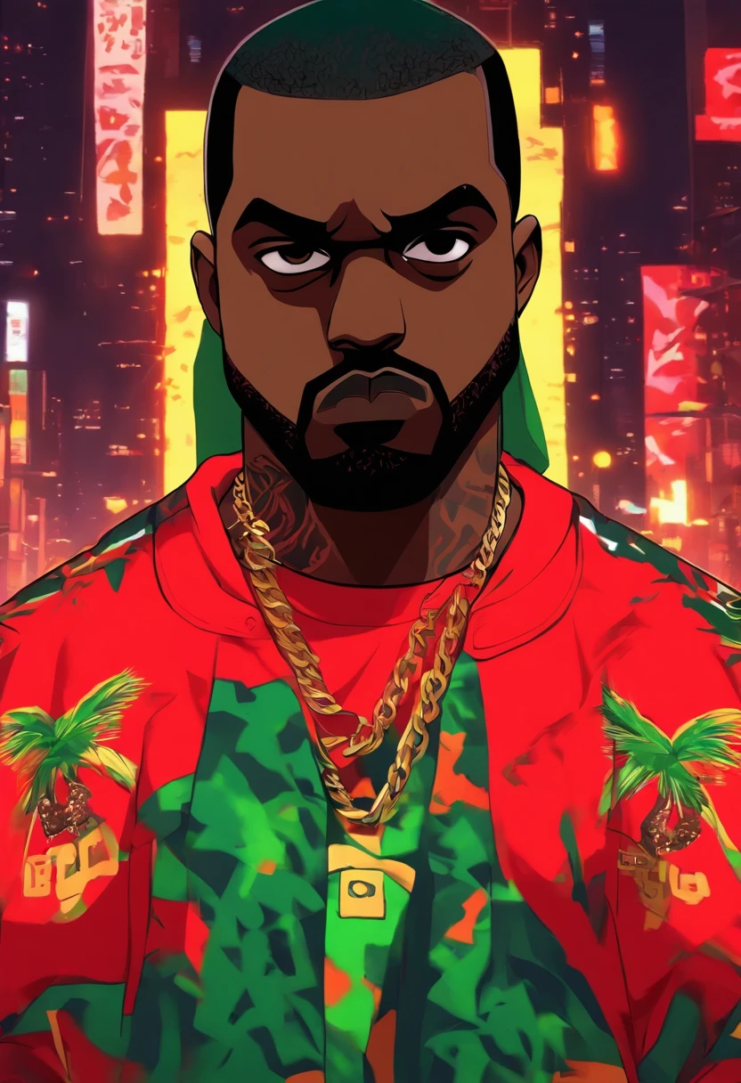 kanye west , cabelo vermelho, cavanhaque vermelho, jaqueta vermelha, folded arms , estilo hip hop, estilo gta 5,chain in the neck. cenario cidade de los santos.
