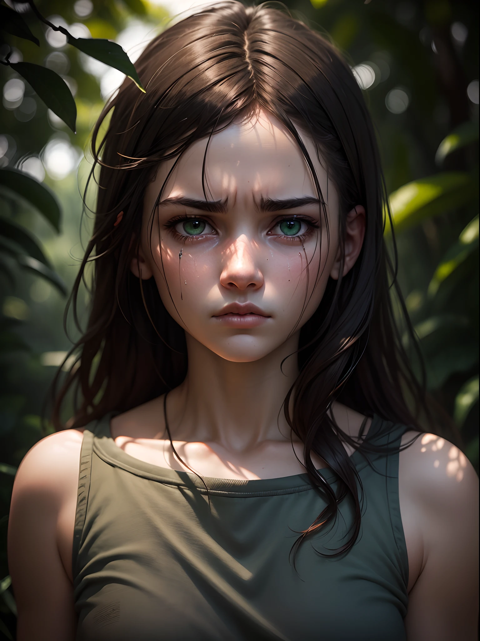 (sharp focus:1.2), an award-winning shot of a deep depressed casual 18 year old girl, in the middle of the jungle, dull backlighting, extremely detailed skin, extreme sadness, hopelessness, visible mental illness, bleary eyes, (deep shadows:1.1), high contrast, beautiful cried green eyes, brown hair, absurd, 8k, (high quality: 1.3), artstation hd, concept art, detailed sad face and body, award winning photography, (moody lighting:1.2), depth of field , bokeh, 4K, HDR