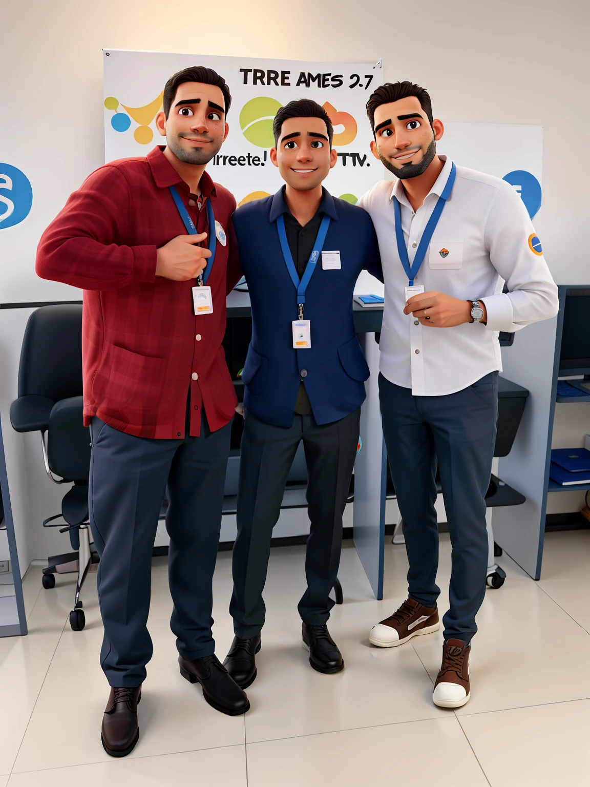 Tres homens , with badges , Entrepreneurs and partners