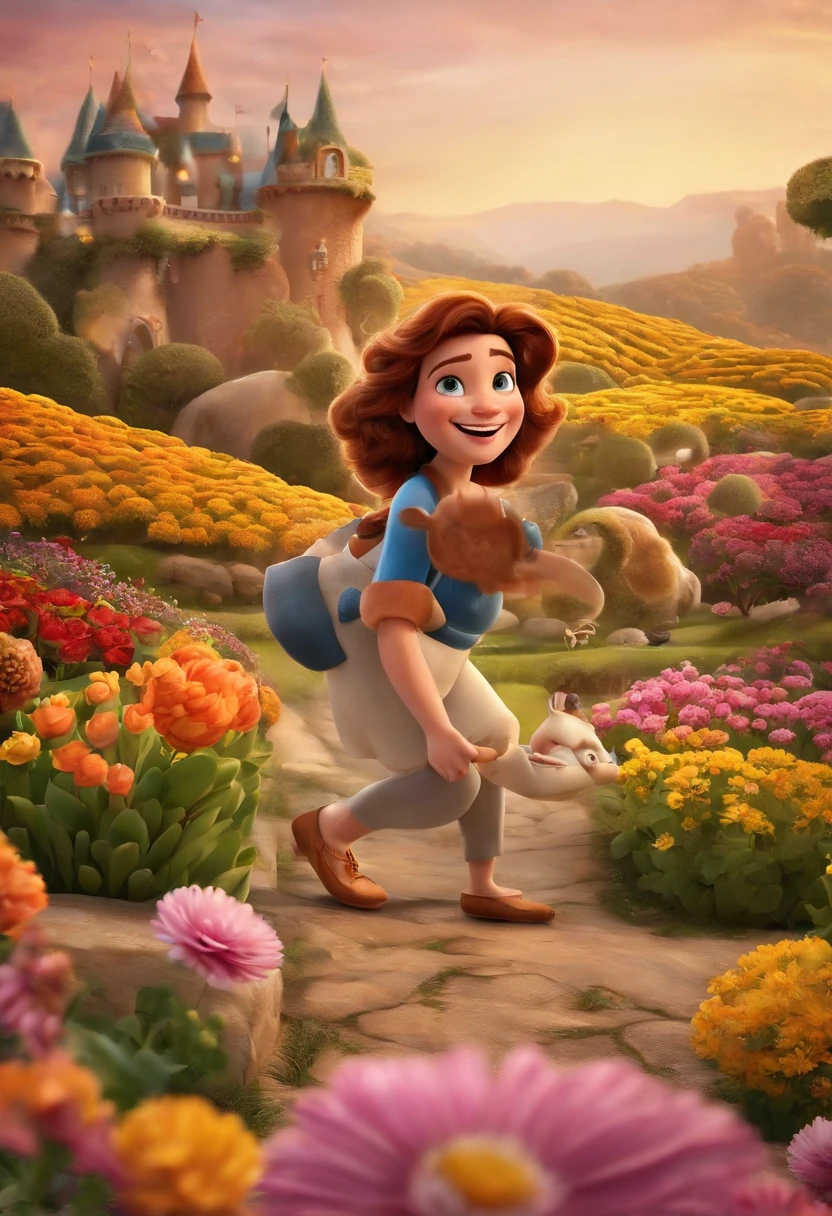 Create a Disney Pixar Poster. Uma mulher de 20 anos chef de cozinha, com cabelos cor castanho claro na altura dos ombros, cabelos ondulados, com sorriso feliz, pele branca, olhos castanhos pequenos. Ela usa brincos pequenos. Ela esta fazendo biscoitos em uma confeitaria com uma vista para um jardim com muitas flores na cor rosa.