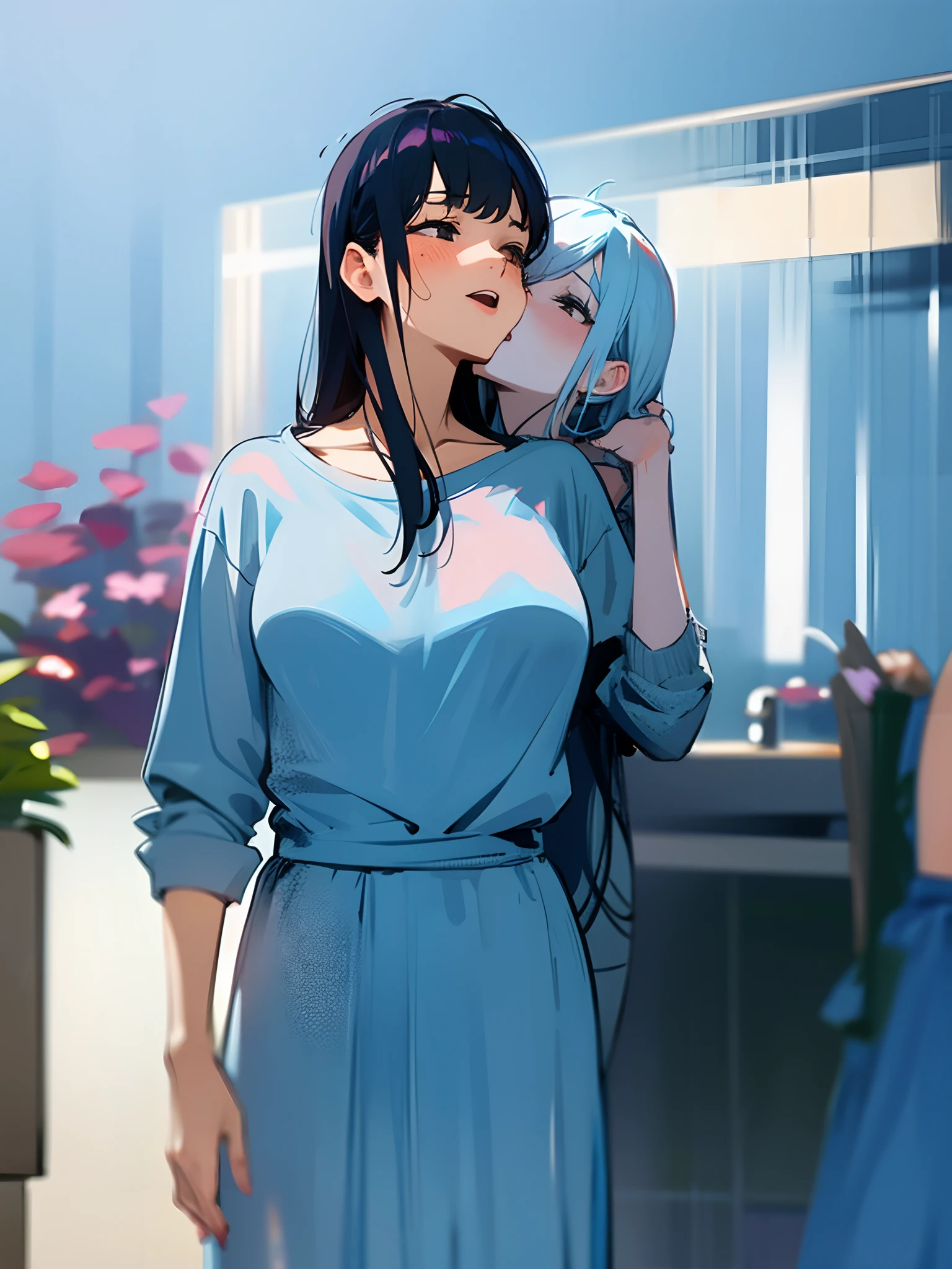 Two women aggressively making out under the shower
