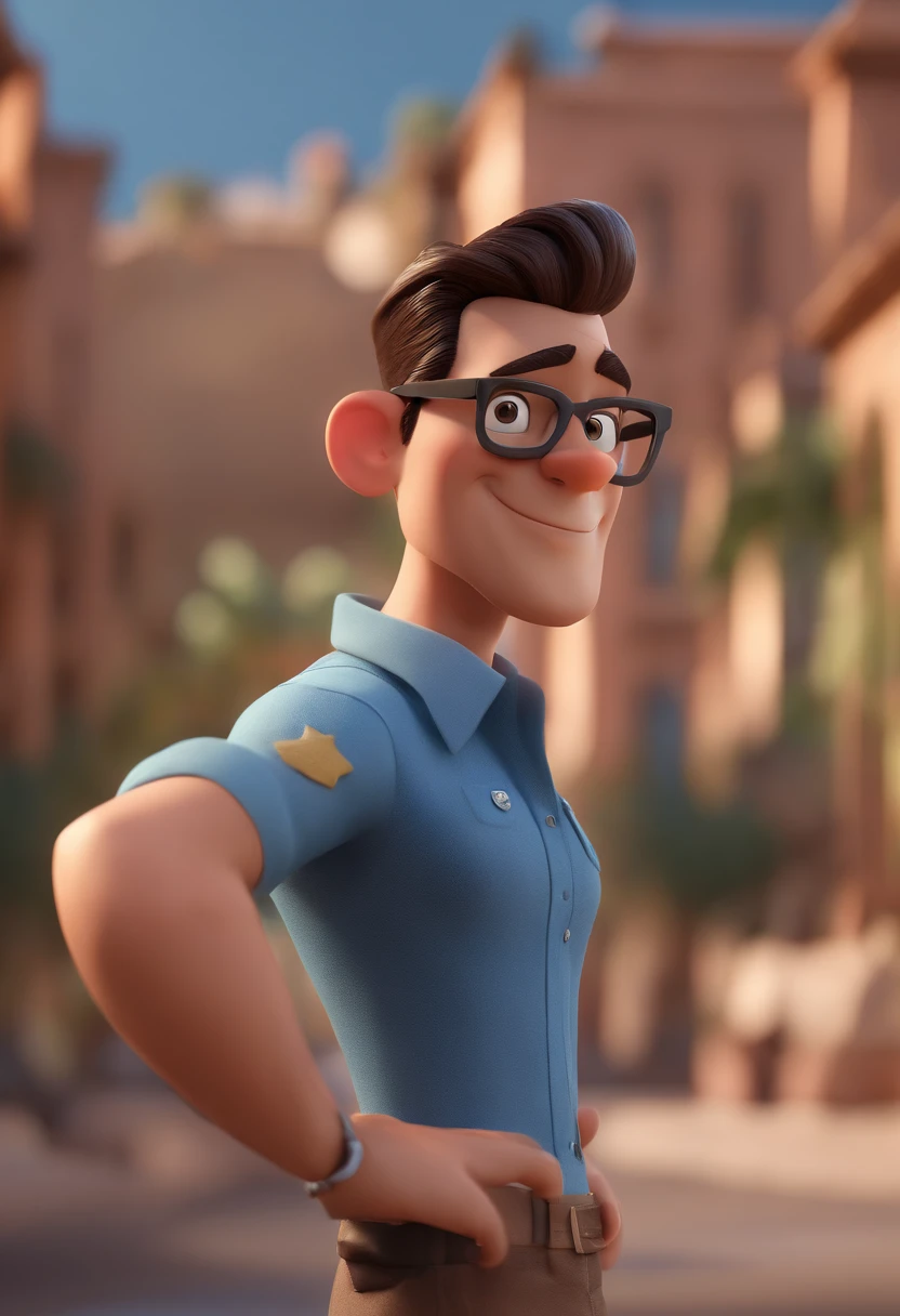 Cartoon character of a man with black glasses and a blue shirt, animation character, Caractere estilizado, animation style rendering, 3D estilizado, Arnold Maya render, 3 d render stylized, toon render keyshot, Personagem 3D, Personagem 3D, 3d rendering stylized, 3 d character render, personagem de desenho animado, Personagem de close up, Pose de personagem,  (Estilo Pixar) (master part:1.2) (Bokeh) (best quality) (pele detalhada) (textura detalhada) (8k) (argila) (Cinematic lighting) (foco nítido
