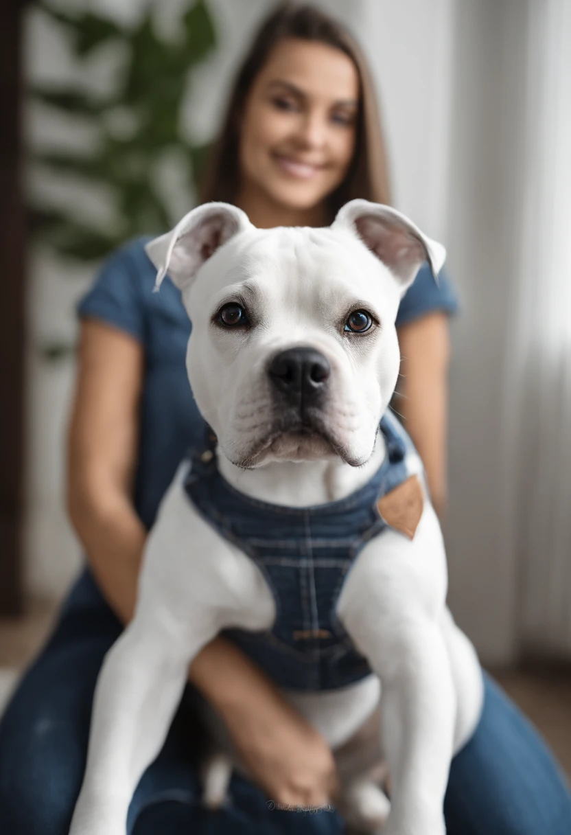 Pixar. Casal com um filhote de cachorro american bully branco. A menina tem os cabelos castanh amarrados, Camiseta cinza e jeans claro, white glasses. O menino de cabelos pretos com cabelos grisalhos, barba pequena, Dark blue jeans and gray t-shirt. They are both smiling and are 25 years old