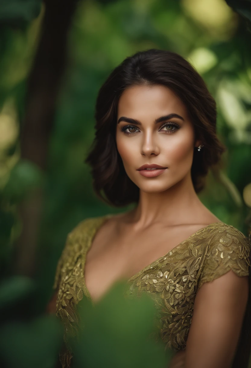 femme brune , looks directly at the camera , Style Latina , yeux vert , belle, 26ans