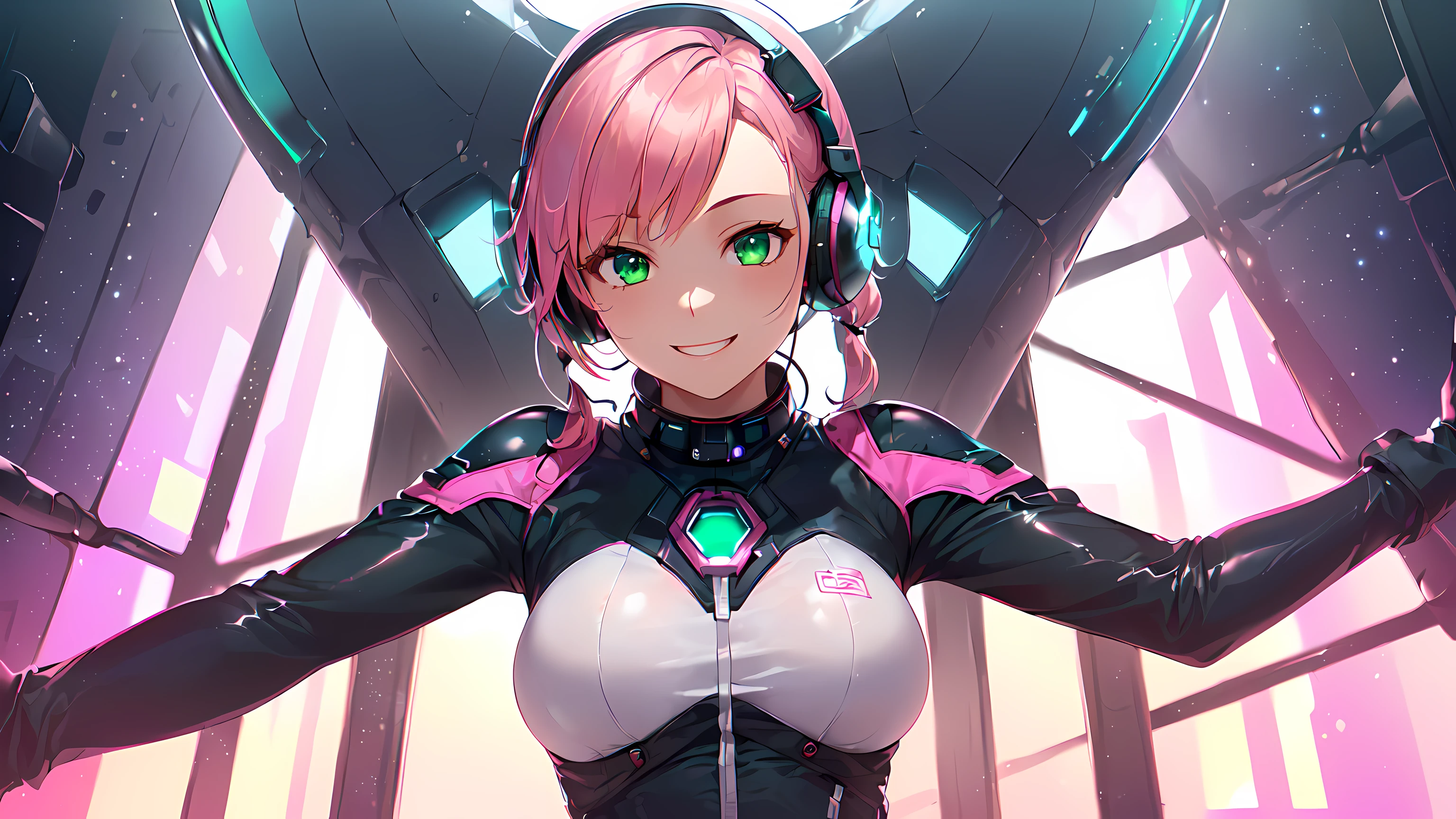 hd masterpiece, 1girl, ecchi girl ((20year old, dressed in a futuristic tight bodysuit, boots, medium breasts:1.2, multicolor pink hair, twin ponytails, perfect model body:1.4, detailed green eyes:1.7, flirting, happy, big smile, wearing headphones, inspired by Yuumei, looking at viewer, standing in a spaceship hangar:1.2, closeup shot:1.3, windows showing a galaxy in the background:1.3, fun and exciting atmosphere:1.2)) ((solo:1.8)) ((galaxy and stars)) ((close up shot focused on face))