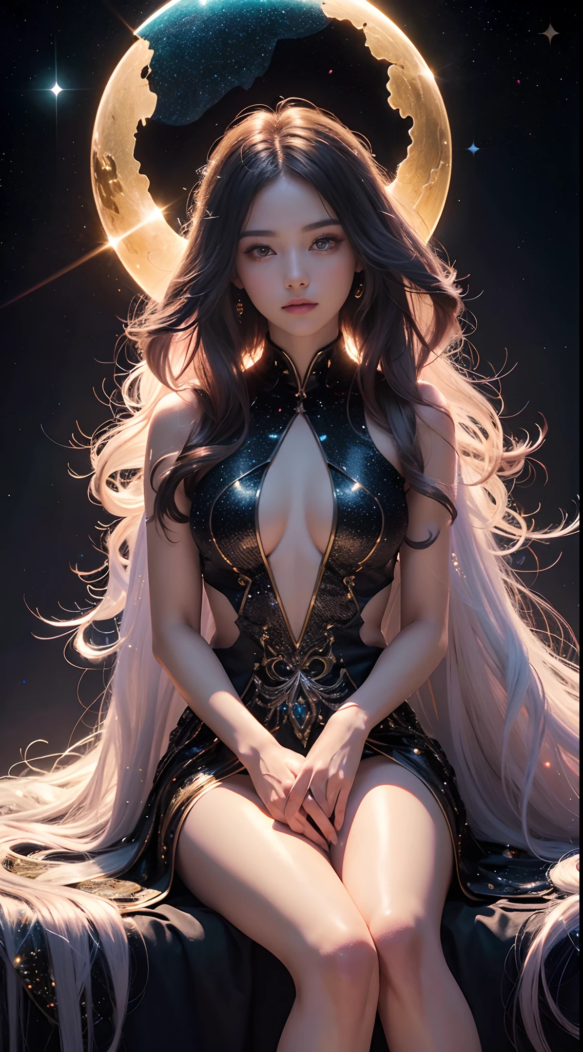 extra detail photography arts 8k ,standing,beautiful,softly illuminated face,flowing hair,perfect features,perfect hands,fluorescent semi-transparent clothes,sitting in space between celestial bodies,black background with dots of glitter