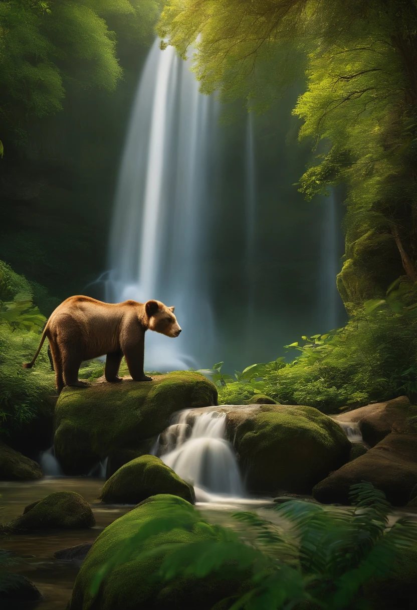 Give me a picture of landscape with waterfall greenery and animals that represent embodiment of principls of instinct and interdependence and knowledge
