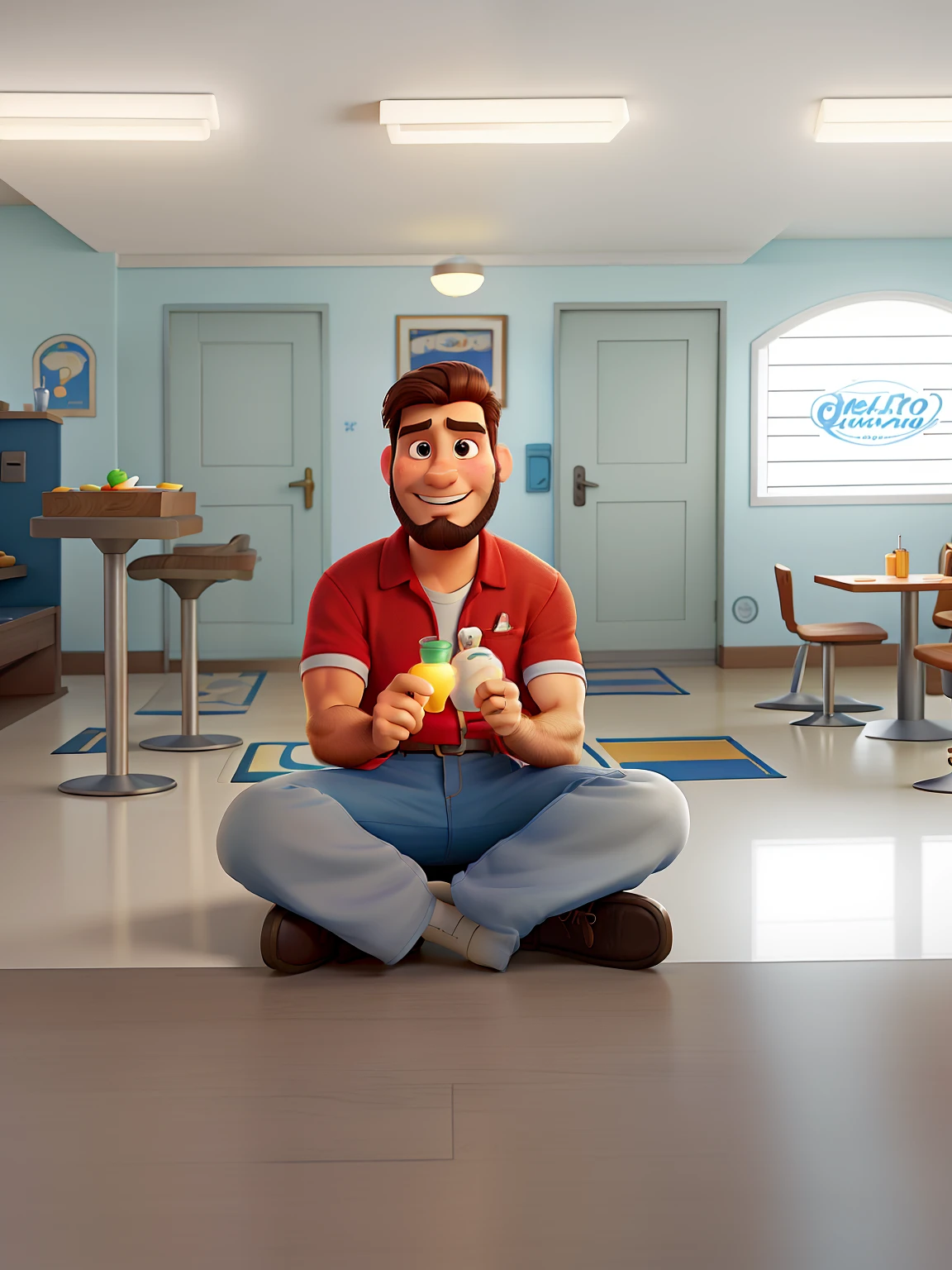 Poster no estilo Disney pixar, alta qualidade, melhor qualidade, homem sexy branco, 30 anos cabelo grisalho barba preta, musculoso, com fundo em um restaurante a luz de velas