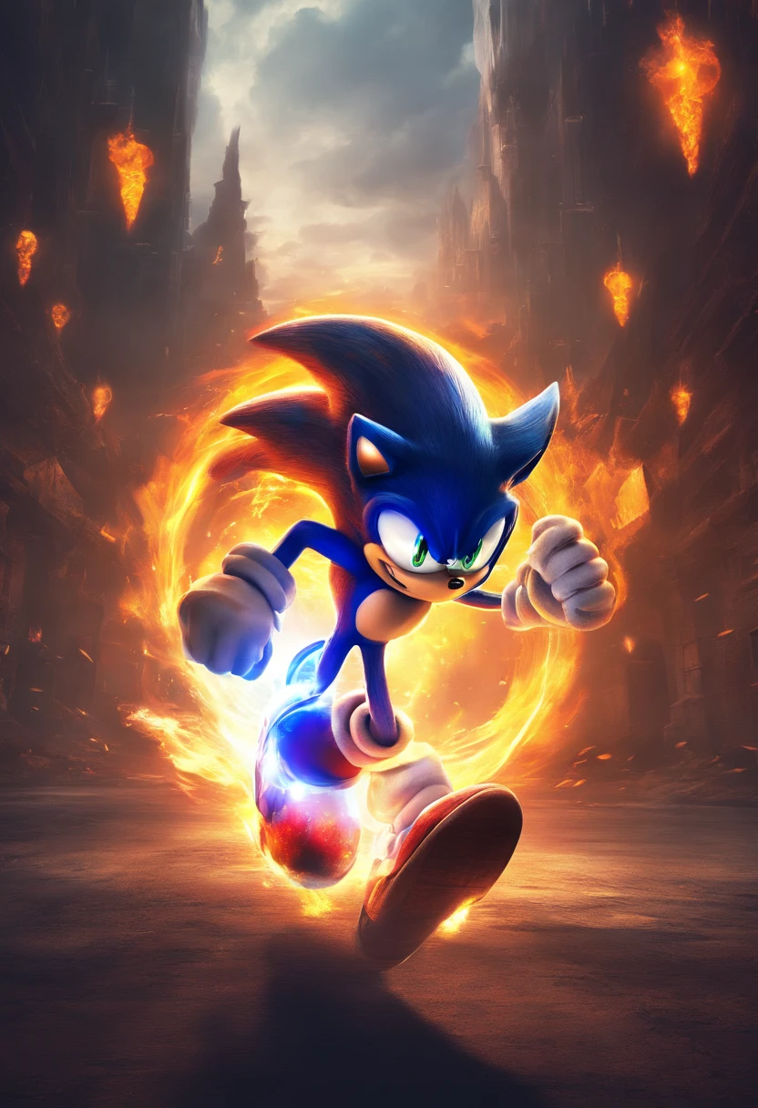 Sonic Running, with flaming background, giant skull with horns and glowing eyes