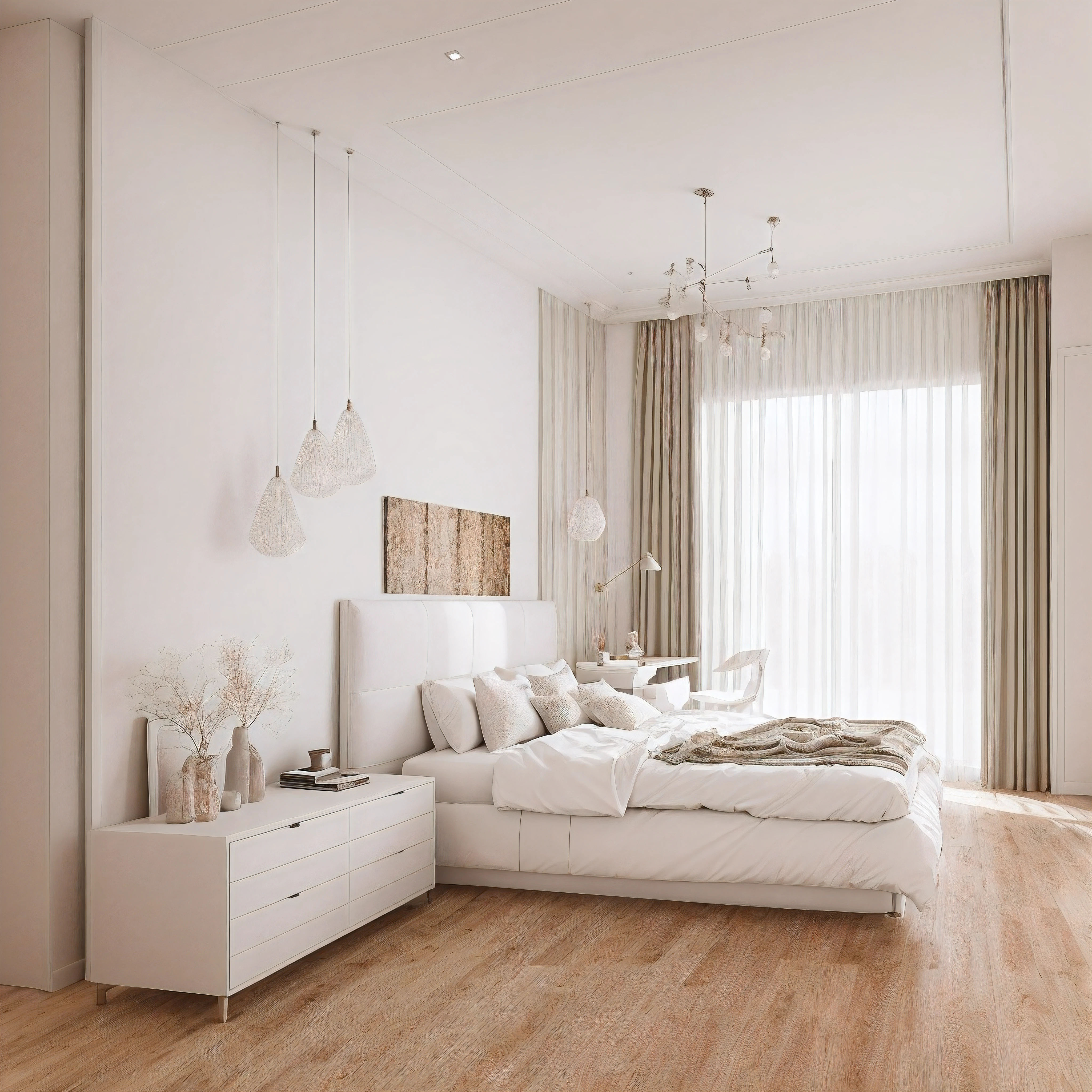 RAW photo,masterpiece, high quality, best quality, authentic, super detail, floor wood, bedroom, capet, plax ceiling, 1 white curtain with glass wall, luxury, 3dmax vray