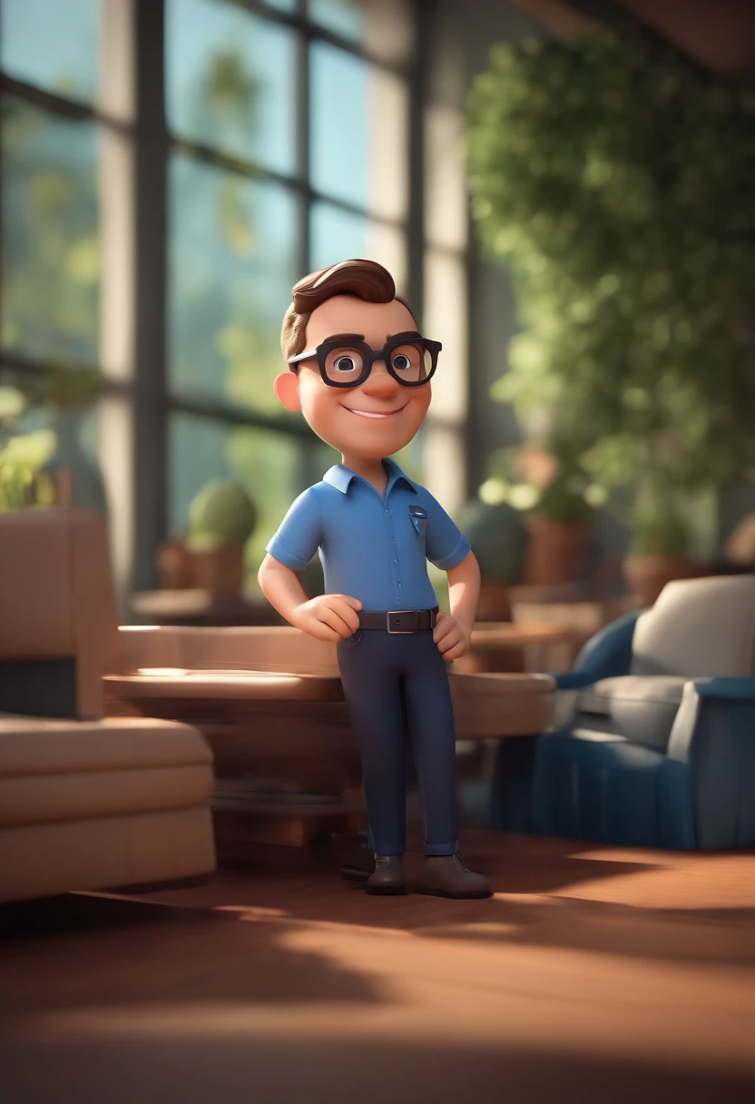 Cartoon character of a man wearing black glasses and a blue shirt, um personagem animado, Caractere estilizado, animation style rendering, 3D estilizado, Arnold Maya render, 3 d render stylized, toon render keyshot, Personagem 3D, Personagem 3D, 3d rendering stylized, 3 d character render, personagem de desenho animado, Personagem de close up, Pose de personagem, (Estilo Pixar) (master part:1.2) (Bokeh) (best quality) (pele detalhada) (textura detalhada) (8k) (argila) (Cinematic lighting) (foco nítido,Senta e vaza a parte superior do corpo