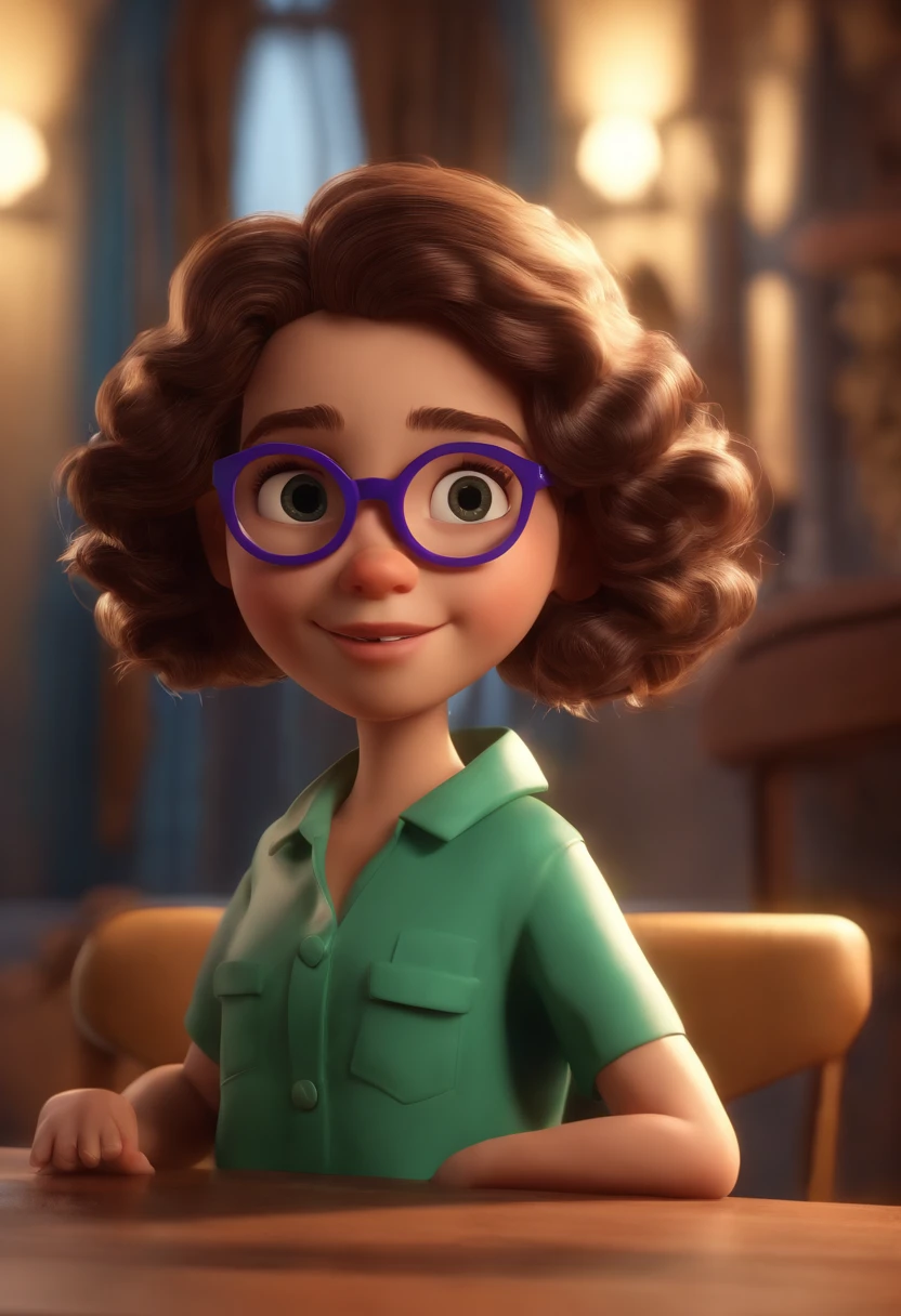 personagem dos desenhos animados de um menina de 5 anos branca, magra, curly brown hair down to the waist, olhos verdes, with purple rectangular glasses and a blue shirt, animation character, Caractere estilizado, animation style rendering, 3D estilizado, Arnold Maya render, 3 d render stylized, toon render keyshot, Personagem 3D, Personagem 3D, 3d rendering stylized, 3 d character render, personagem de desenho animado, Personagem de close up, Pose de personagem, (Estilo Pixar) (master part:1.2) (Bokeh) (melhor qualidade) (pele detalhada) (textura detalhada) (8k) (argila) (Cinematic lighting) (foco nítido