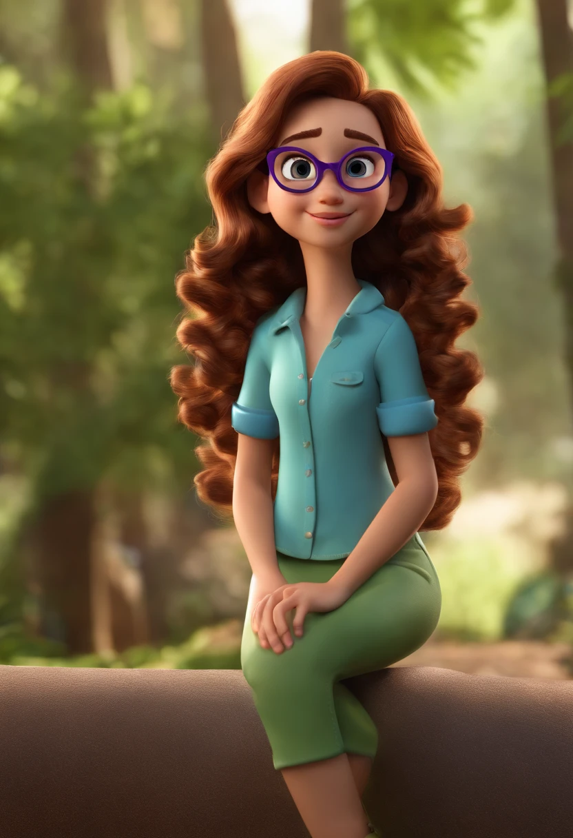 personagem dos desenhos animados de um menina de 5 anos branca, magra, curly brown hair down to the waist, olhos verdes, with purple rectangular glasses and a blue shirt, animation character, Caractere estilizado, animation style rendering, 3D estilizado, Arnold Maya render, 3 d render stylized, toon render keyshot, Personagem 3D, Personagem 3D, 3d rendering stylized, 3 d character render, personagem de desenho animado, Personagem de close up, Pose de personagem, (Estilo Pixar) (master part:1.2) (Bokeh) (melhor qualidade) (pele detalhada) (textura detalhada) (8k) (argila) (Cinematic lighting) (foco nítido