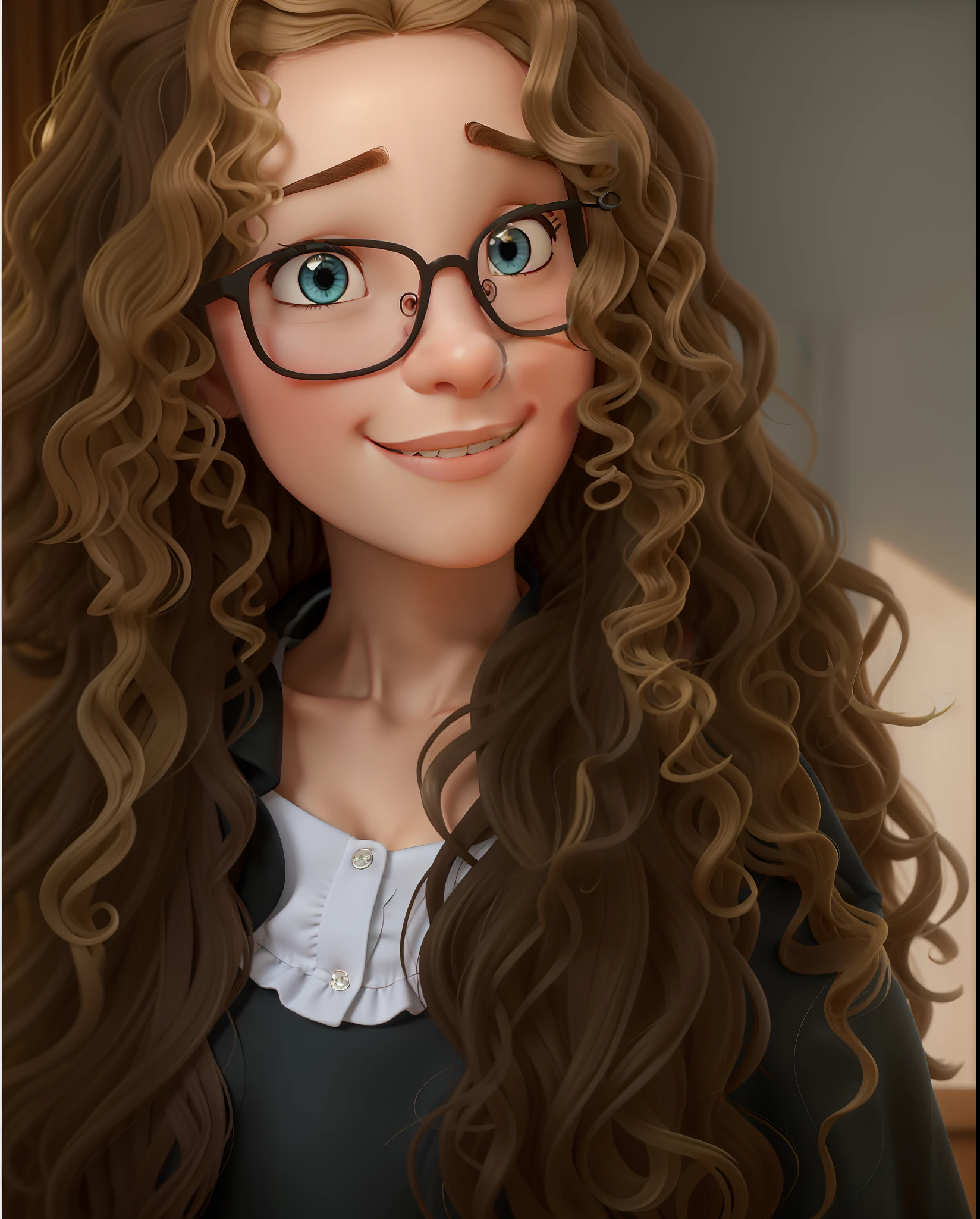 8k, no estilo Disney Pixar, alta qualidade, melhor qualidade. a close-up of a woman with glasses and a black blouse, with long curly hair, with curly blonde hair, long messy curly hair, long curly hair, face framed by curls, curly blonde hair | d&d, curly hair, with long curly hair, messy curly hair, with curly perm, long curly hair, with blue eyes and curly hair, curly hair