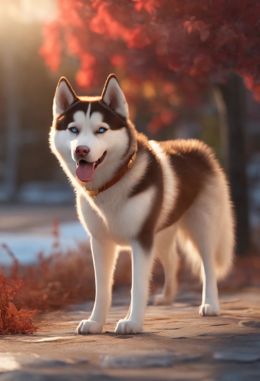 A brown and white Siberian husky dog, caminha pela rua de uma cidade barulhenta, Saw a piece of red meat in the distance, a clareza da imagem