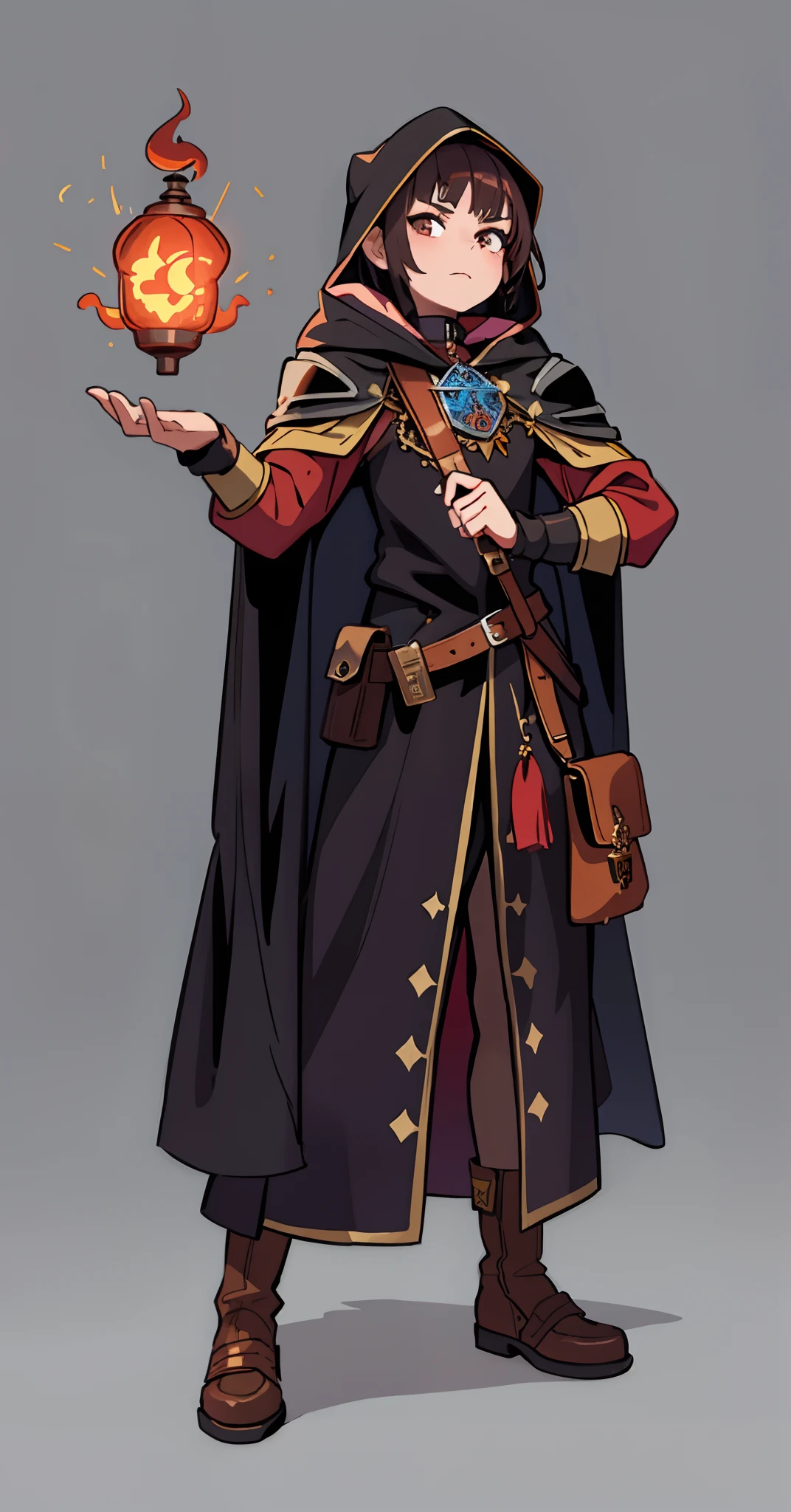 A  girl, magician, dnd, Tattooed on Face, short brown hair, a hood on his head, The Dark Mantle, a shoulder bag,  Fireball Over Hand