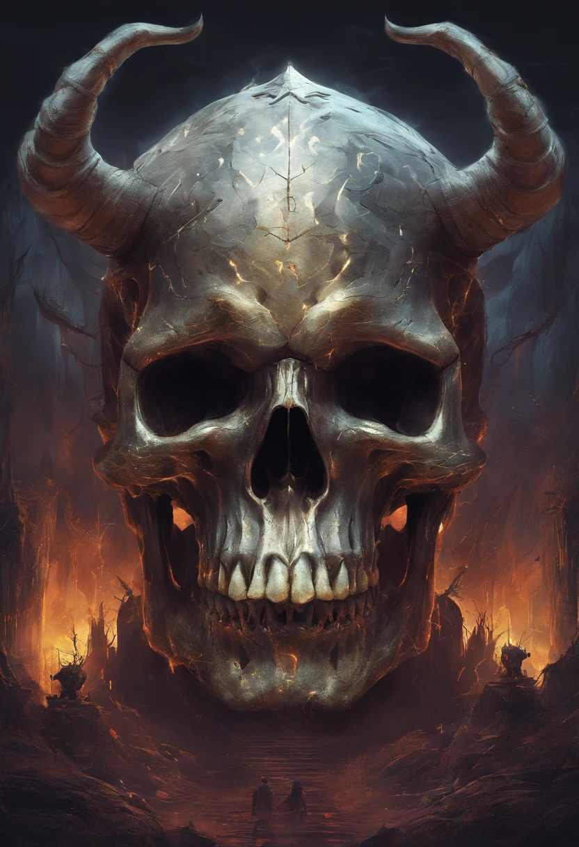 giant skull with horns and glowing eyes