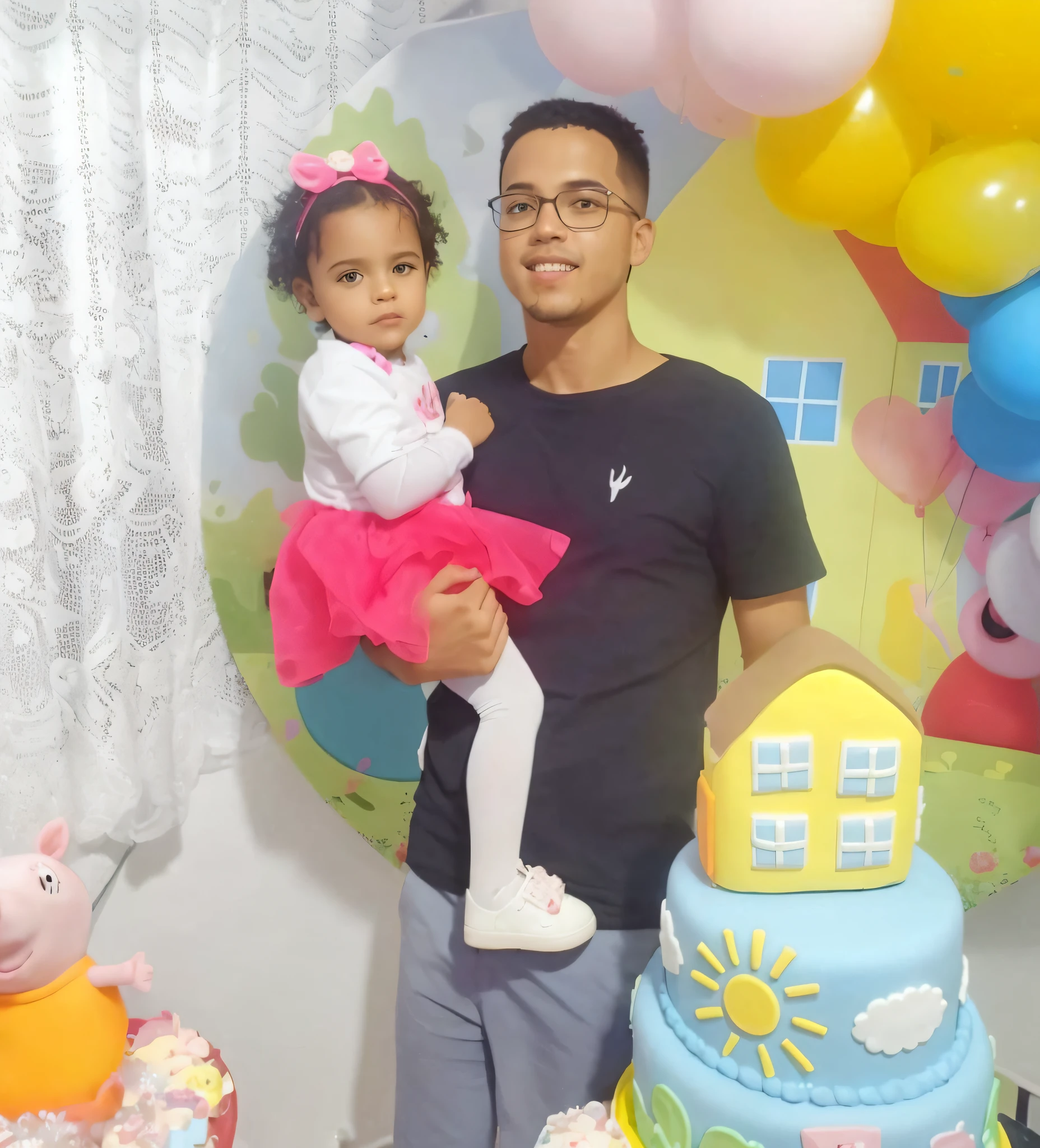 There's a man holding a baby in front of a cake, 1614572159, Peppa Porco, Imagem, with a kid, papai, imagem de qualidade muito baixa, Jose Miguel Romano Francisca, 2 anos, birthday party, Postagem 4k, 4 k post, in cartoon style, foto do snapchat
