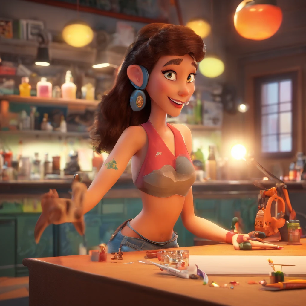 create a 3D movie poster inspired by Disney Pixar, The scene should be in Pixar's signature digital art style, com uma imagem caricatural que lembra a cantora brasileira "Anita" in the prone position, Wearing a bikini while a tattoo artist is sitting tattooing with a giant ring on one hand, inside a tattoo parlor.