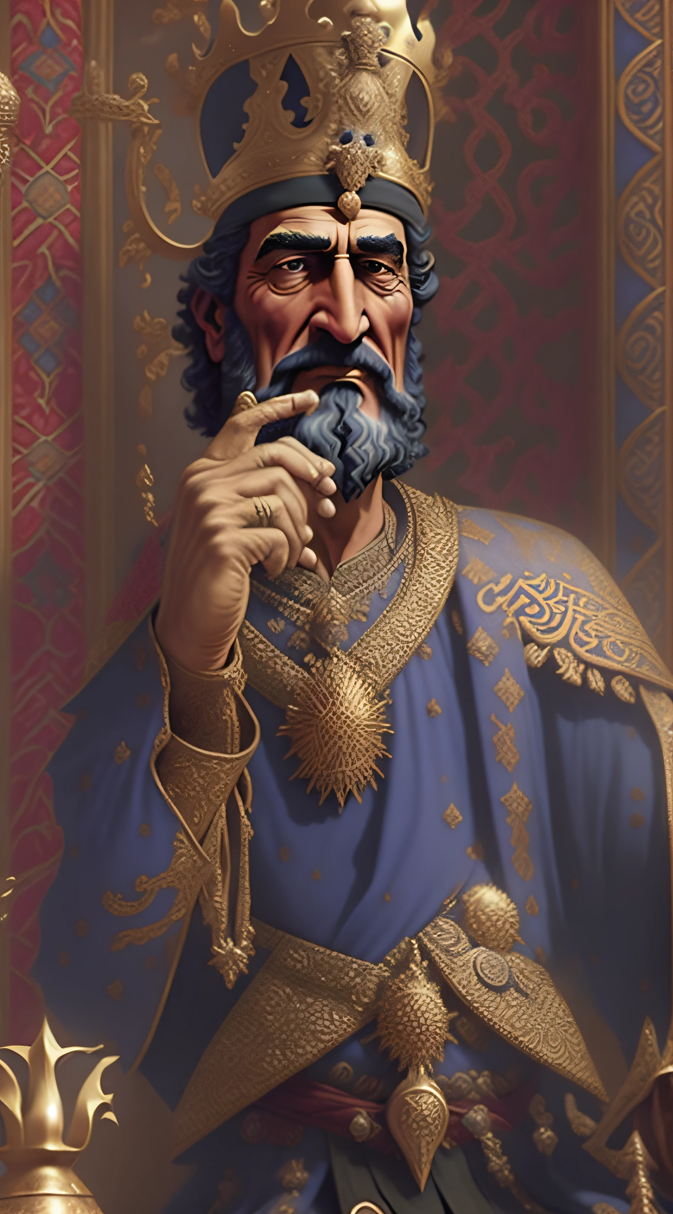 a close up of a man in a crown sitting in a chair, great king of stovokor, crusader kings 3, medieval old king, painting of samarkand, painting of goliath, casimir art, portrait of emperor of mankind, mogul khan, handsome prince of persia, video game cutscene, assyrian, cutscene, maximus jacobs