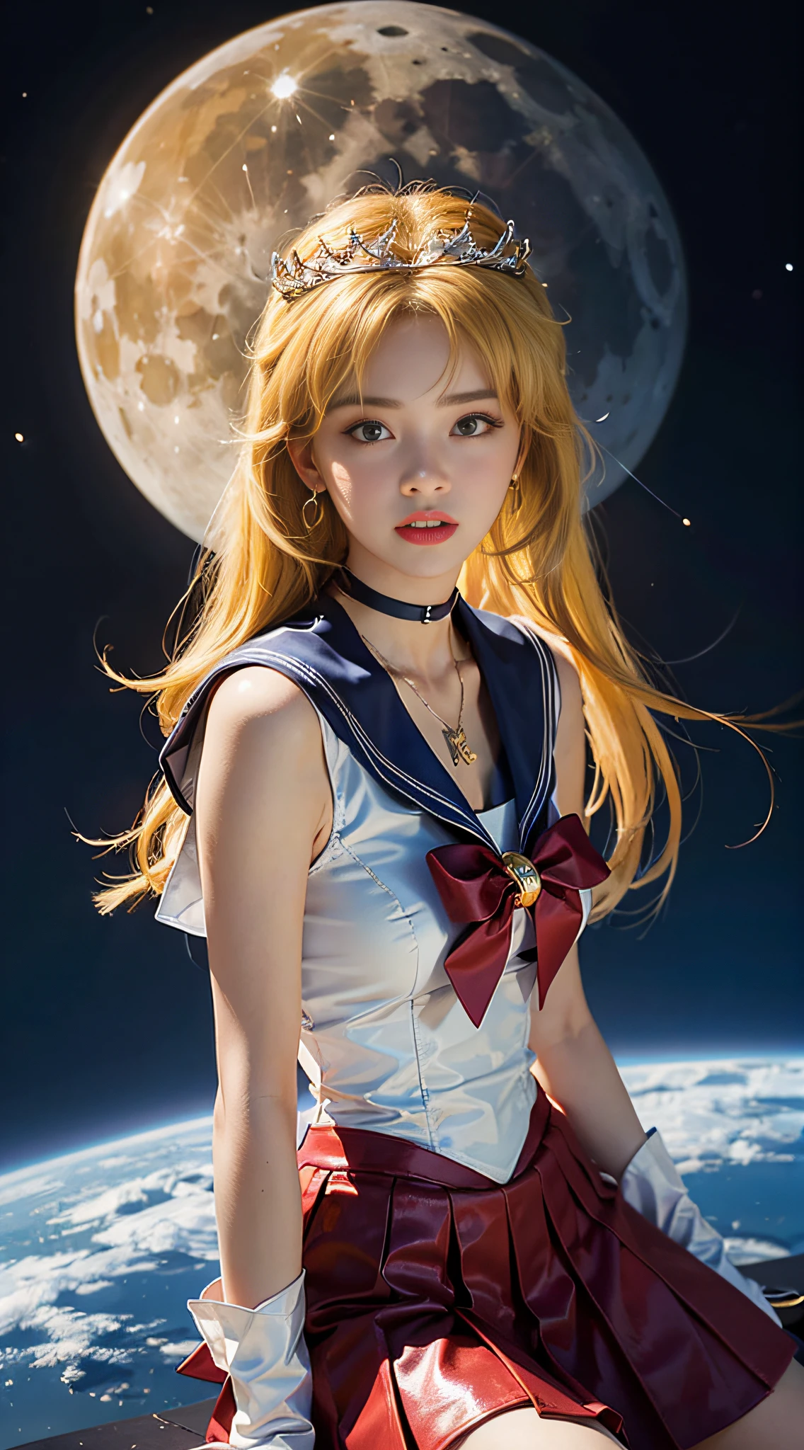 ((​masterpiece:1.4)、(top-quality:1.4)、(reallistic:1.7))、masuter piece:1.4、a beauty girl、(Sailor Moon:1.4)、Tsukino Usagi、Body Fit Sexy Sailor Senshi Uniform、(latex shiny)、(The jacket is a white sleeveless sailor suit)、(Skirt is blue sexy ultra ultra mini skirt)、The collar of the sailor suit is blue with two thin lines.、high leg swimsuit、Red cloth ornament at chest、(Wearing white gloves)、Kawaii Girl、Super beauty、foco nítido、Portrait photos、Upper body photography:1.4、beautiful countenance、beautidful eyes、Narrow waist、beauty legs、(yellow  hair:1.4)、(length hair:1.2)、Beautiful udder、large full breasts:1.2、Sexy ass、Raw photo、red-lips、Red high heels:1.4、a choker:1.4、a necklace:1.4、耳Nipple Ring:1.4、Luxurious Golden Tiara:1.4、1 screen display、a moon、kosmos、spaceships、A space station、City of the Future