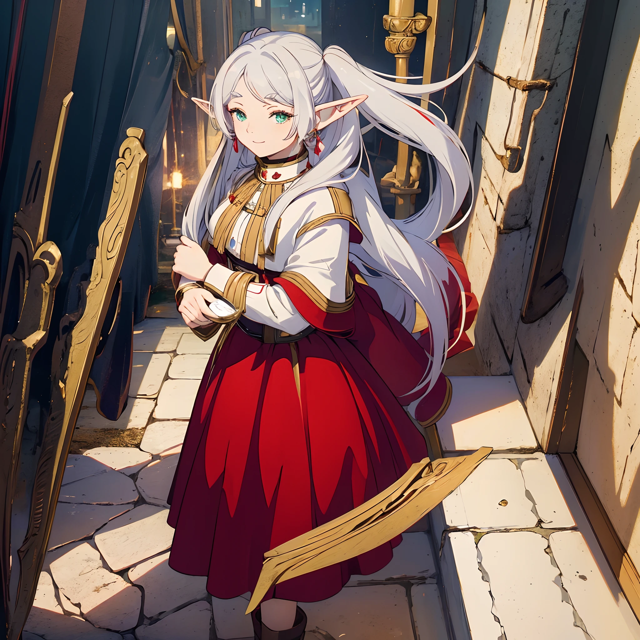 ((Masterpiece)), (best quality), (1girl), ((red dress)), green eyes, white hair, twintails, smile, night sky, elf ears
