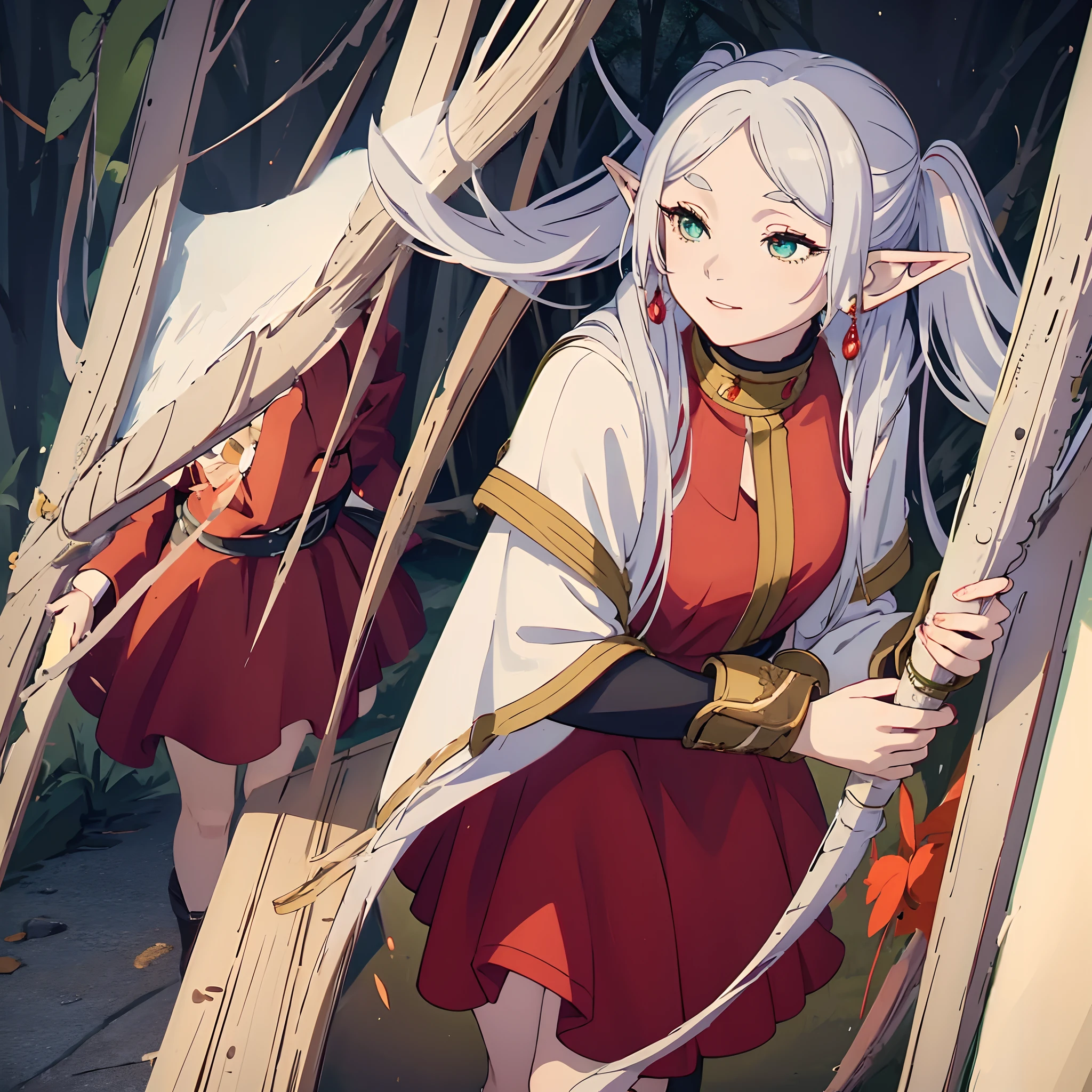 ((Masterpiece)), (best quality), (1girl), ((red dress)), green eyes, white hair, twintails, smile, night sky, elf ears