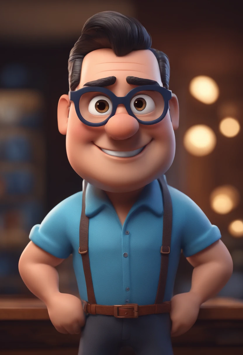 Cartoon character of a man with black glasses and a blue shirt, animation character, Caractere estilizado, animation style rendering, 3D estilizado, Arnold Maya render, 3 d render stylized, toon render keyshot, Personagem 3D, Personagem 3D, 3d rendering stylized, 3 d character render, personagem de desenho animado, Personagem de close up, Pose de personagem,  (Estilo Pixar) (master part:1.2) (Bokeh) (best quality) (pele detalhada) (textura detalhada) (8k) (argila) (Cinematic lighting) (foco nítido