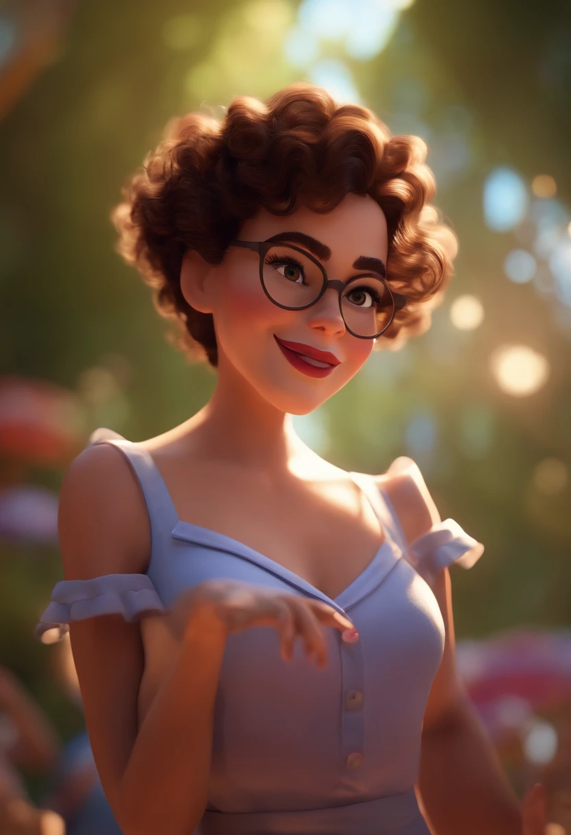 Pixar style image with 3D character white glasses brunette woman short curly hair dancing, Maquiagem Disney,Pescador, bonitinho, sorridente ,Close-up, Pixar, Disney, Cinema lighting,