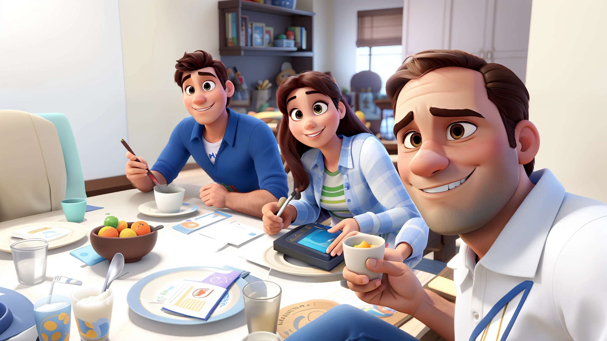fami (homem e filho moreno e mulher branca) no estilo Disney Pixar, alta qualidade, melhor qualidade.