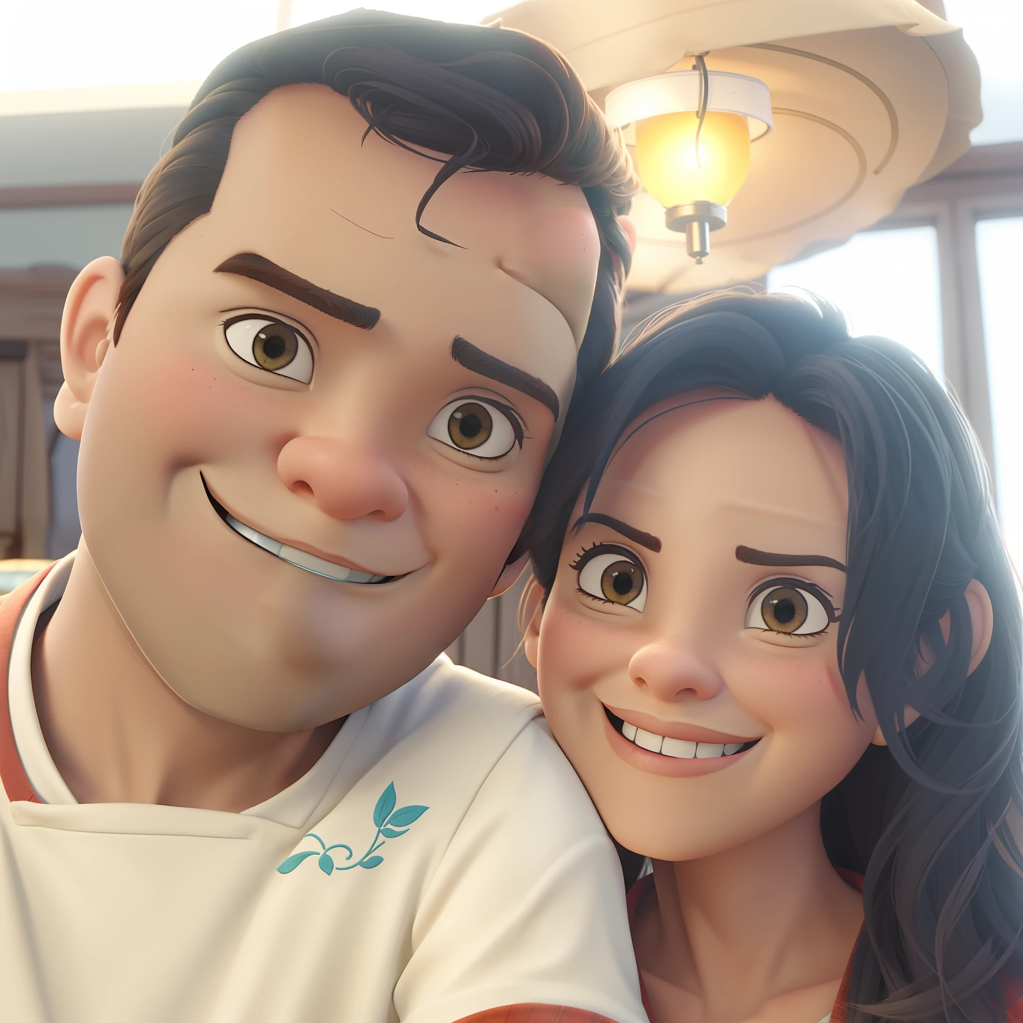 casal no estilo disney pixar, alta qualidade, melhor qualidade, Rustic light fixture on top