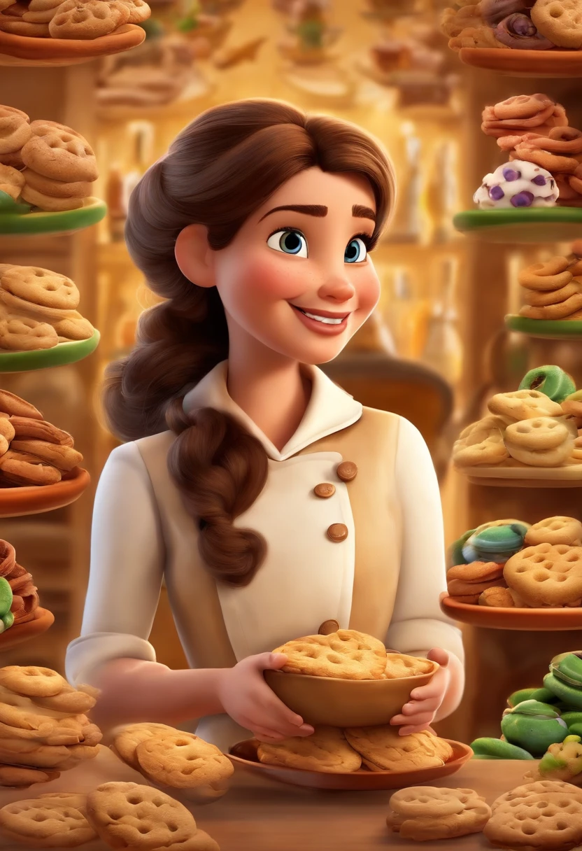 Create a Disney Pixar Poster.  Uma mulher de 20 anos chef de cozinha, com cabelos cor castanho claro na altura dos ombros, cabelos ondulados, com sorriso feliz, pele branca, olhos castanhos pequenos. Ela usa brincos pequenos. Ela esta fazendo biscoitos dentro de uma confeitaria. Na confeitaria tem uma janela grande com uma vista para um jardim com muitas flores na cor rosa.