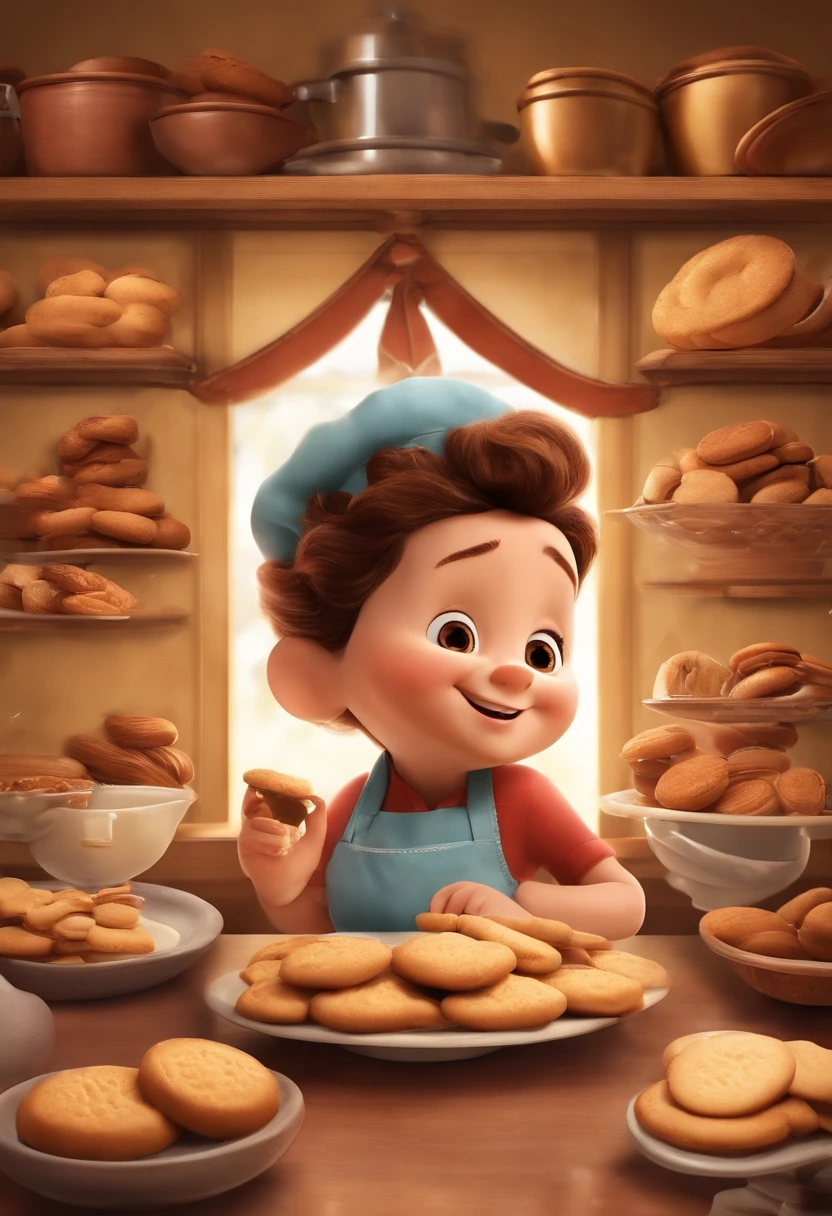 Create a Disney Pixar Poster.  Uma mulher de 20 anos chef de cozinha, com cabelos cor castanho claro na altura dos ombros, cabelos ondulados, com sorriso feliz, pele branca, olhos castanhos pequenos. Ela usa brincos pequenos. Ela esta fazendo biscoitos dentro de uma confeitaria. Na confeitaria tem uma janela grande com uma vista para um jardim com muitas flores na cor rosa.