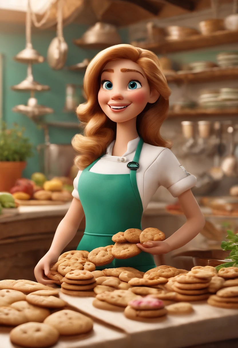 Create a Disney Pixar Poster. Uma mulher de 20 anos chef de cozinha, com cabelos cor castanho claro na altura dos ombros, cabelos ondulados, com sorriso feliz, pele branca, olhos castanhos pequenos. Ela usa brincos pequenos. Ela esta fazendo biscoitos dentro de uma confeitaria. Na confeitaria tem uma janela grande com uma vista para um jardim com muitas flores na cor rosa.