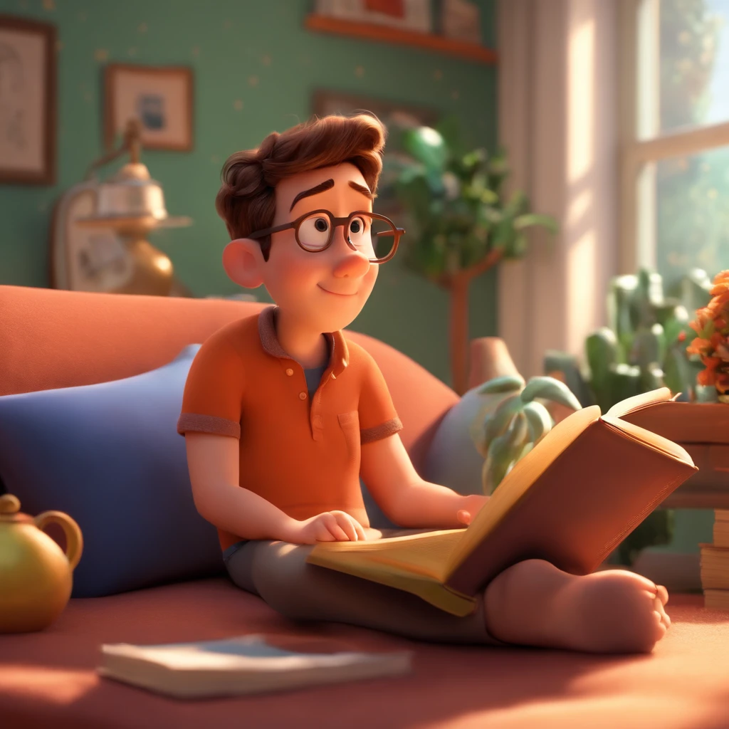 fundo branco, pixar desenhos animados 3D, homem lendo um livro, ::estilo pixar cartoon