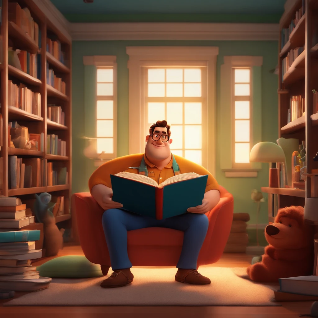 fundo branco, pixar desenhos animados 3D, homem lendo um livro, ::estilo pixar cartoon