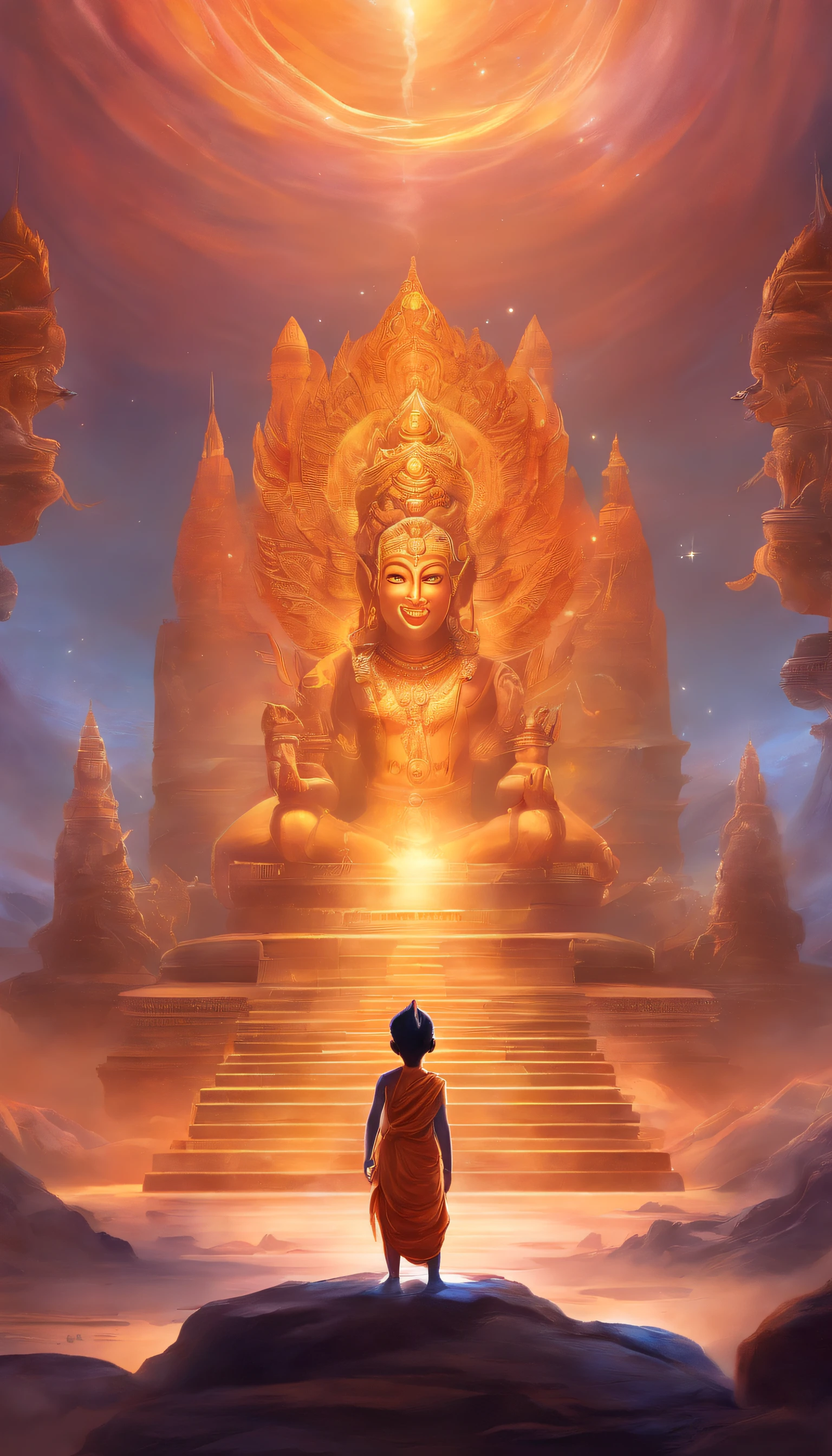 a small boy standing infront of lord brahma,vishnu,shiva. Low angle shot, cinematic shot, universe, cosmic, high quality