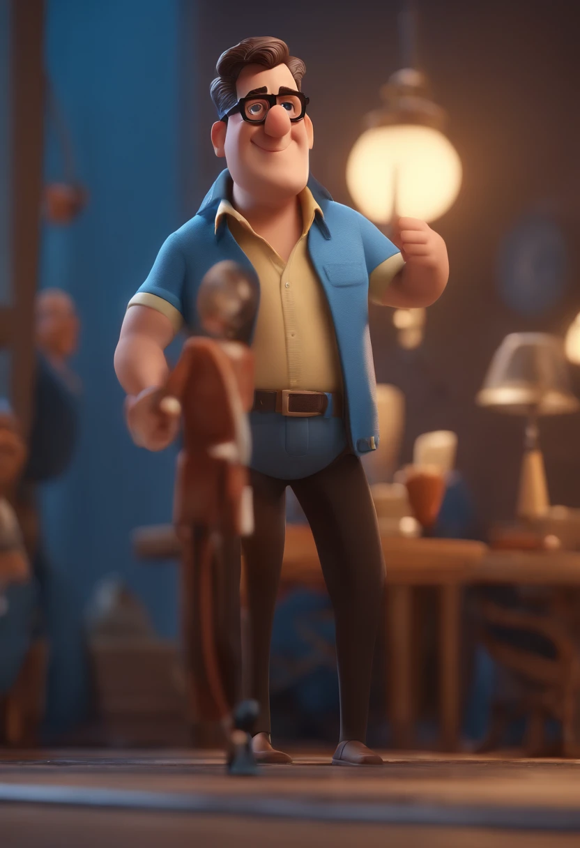 Cartoon character of a man with black glasses and a blue shirt, animation character, Caractere estilizado, animation style rendering, 3D estilizado, Arnold Maya render, 3 d render stylized, toon render keyshot, Personagem 3D, Personagem 3D, 3d rendering stylized, 3 d character render, personagem de desenho animado, Personagem de close up, Pose de personagem, (Estilo Pixar) (master part:1.2) (Bokeh) (best quality) (pele detalhada) (textura detalhada) (8k) (argila) (Cinematic lighting) (foco nítido