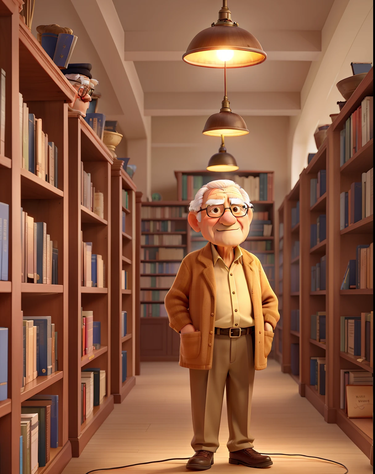 A wise old man standing in front, illuminated by the light of a lamp, against the backdrop of a library